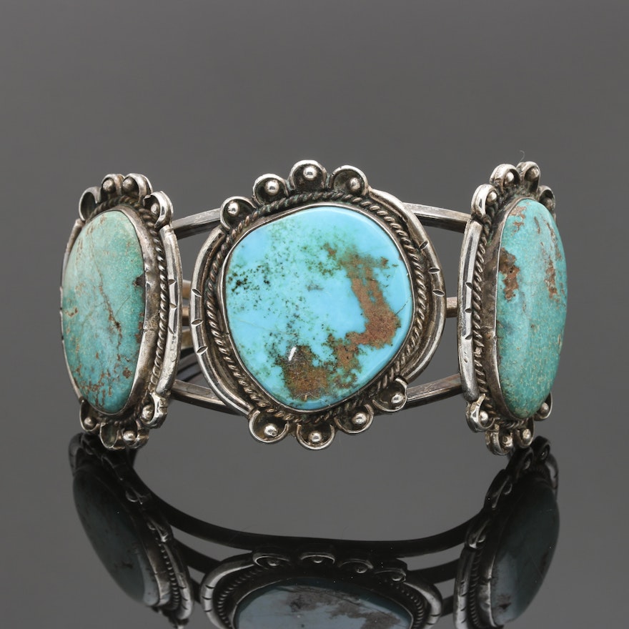 Vintage Southwestern Style Sterling Silver Three Stone Turquoise Cuff