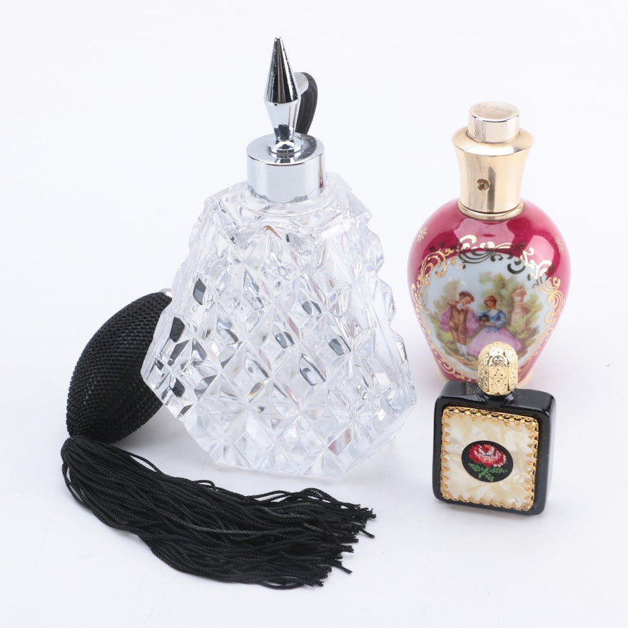 Limoges Atomizer, Cut Glass and Travel Perfume Bottles