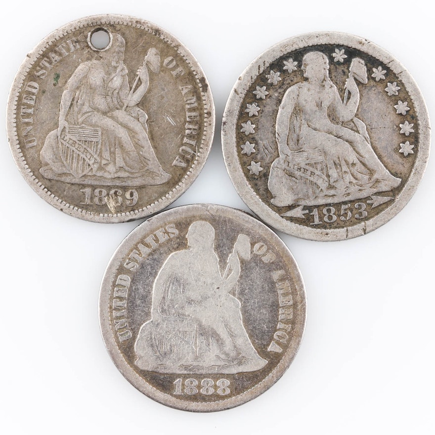 Group of Three Seated Liberty Silver Dimes: 1853, 1869, and 1888