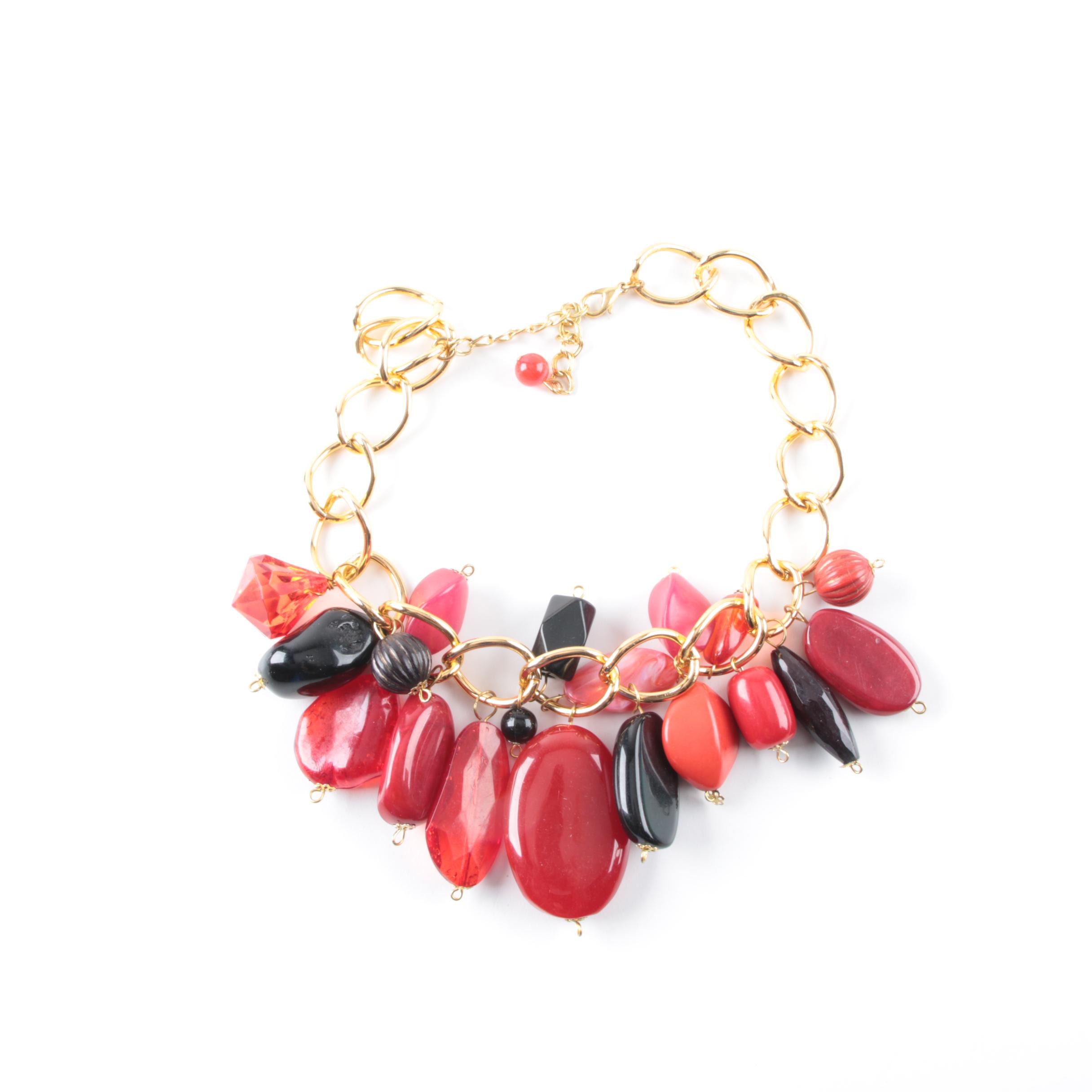 Gold Tone Statement Necklace with Plastic Dangles