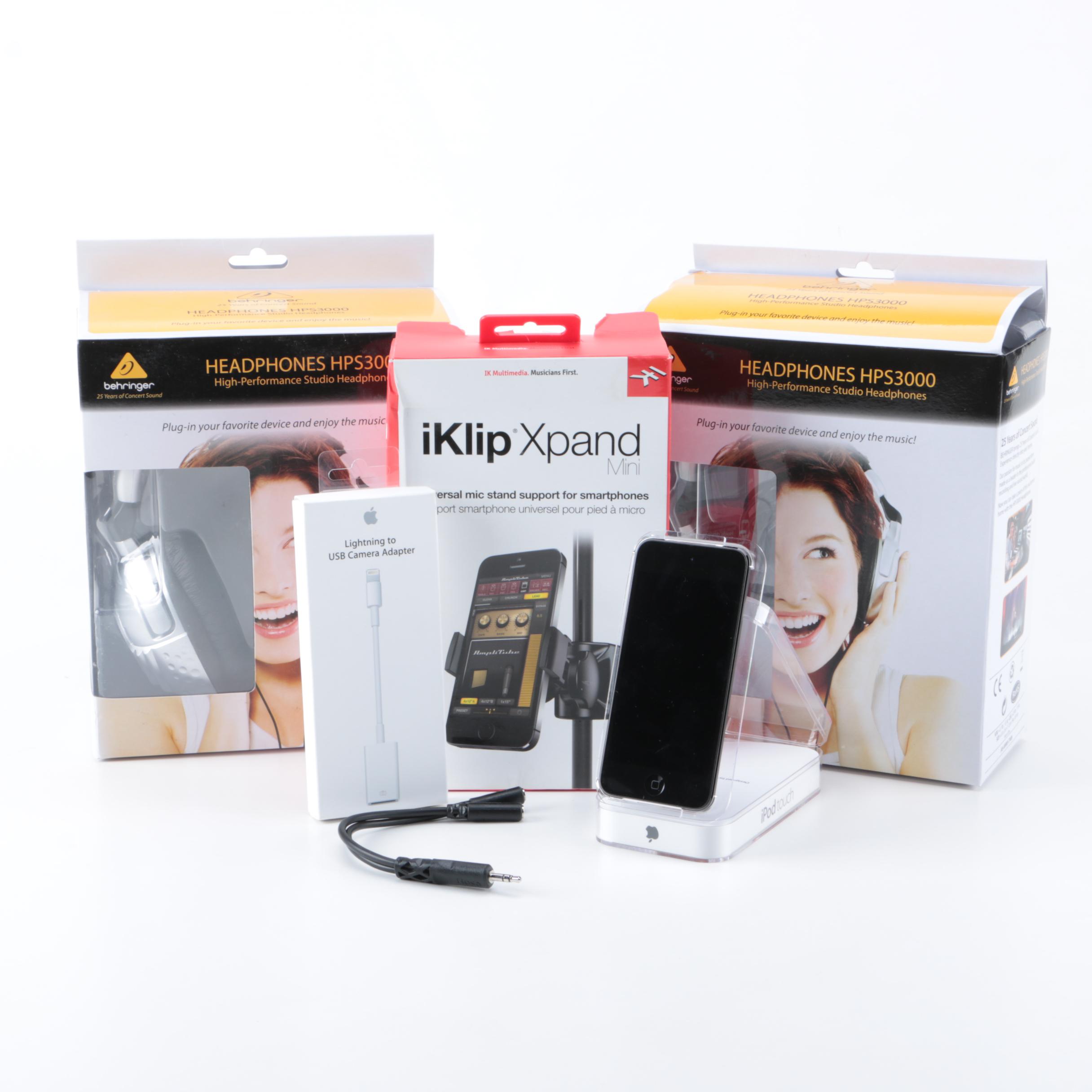 iPod Touch with Behringer Headphones, iKlip Xpand and Accessories