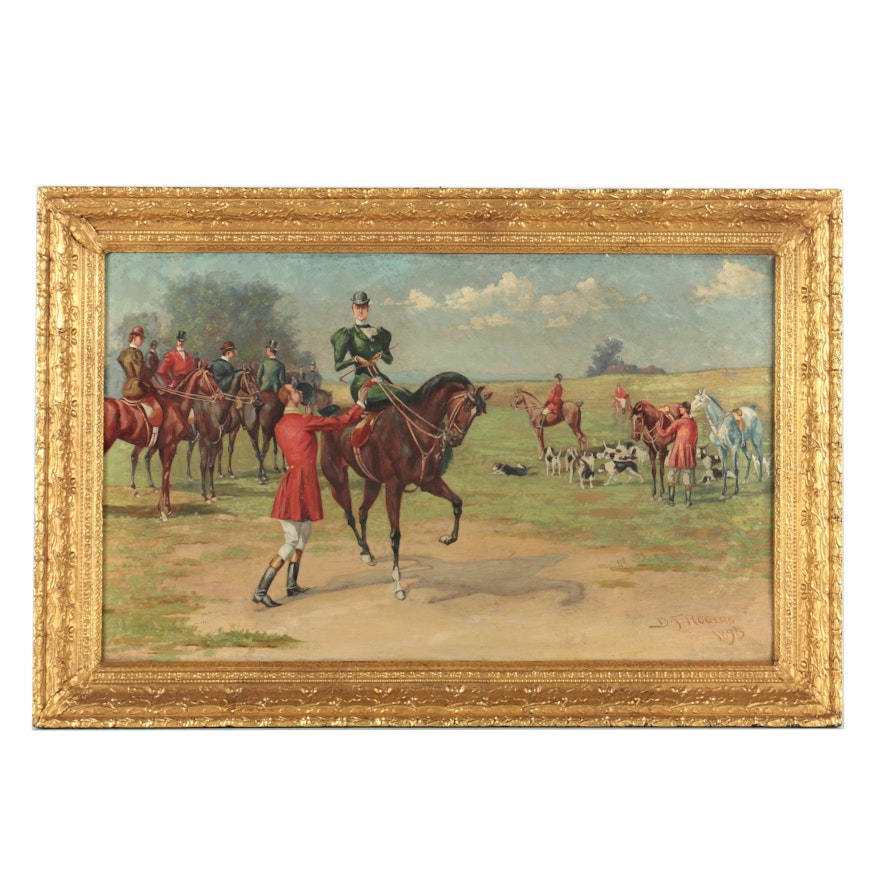 D.F. Rogers 1895 Oil Painting on Canvas of Equestrian Hunting Scene