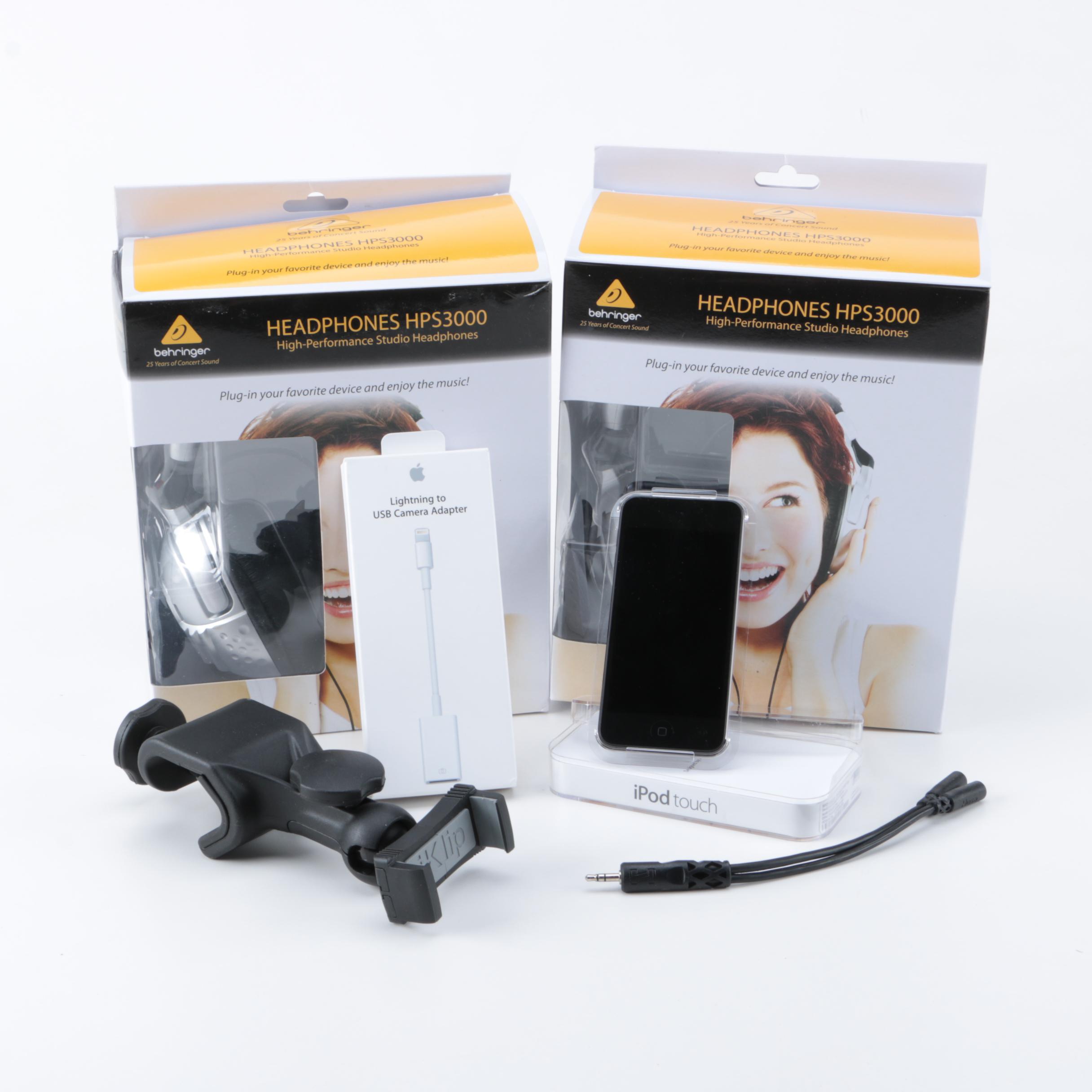 iPod Touch with Behringer Headphones, iKlip Xpand and Accessories