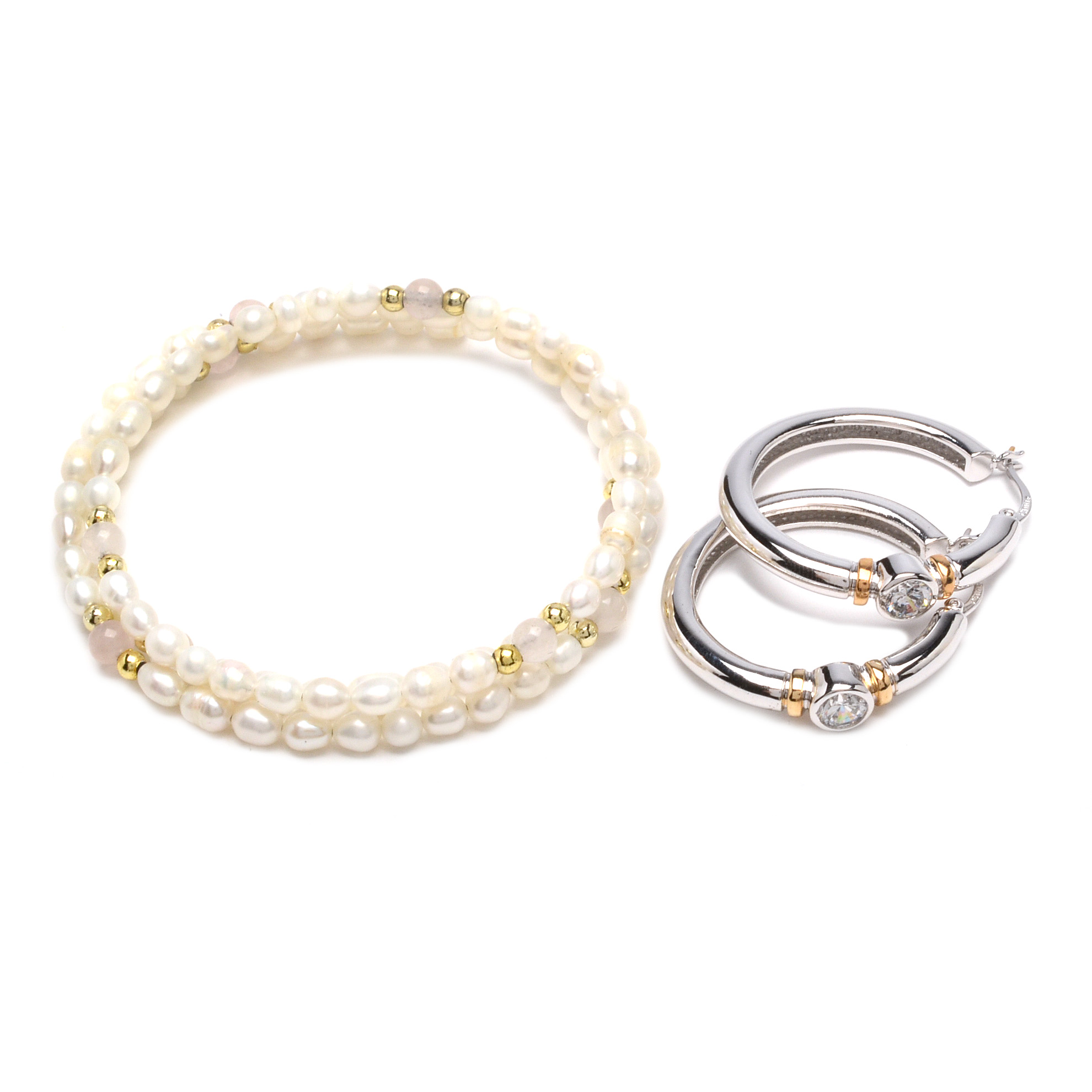 Freshwater Pearl Coil Bracelet and Silver Tone Hoop Earrings