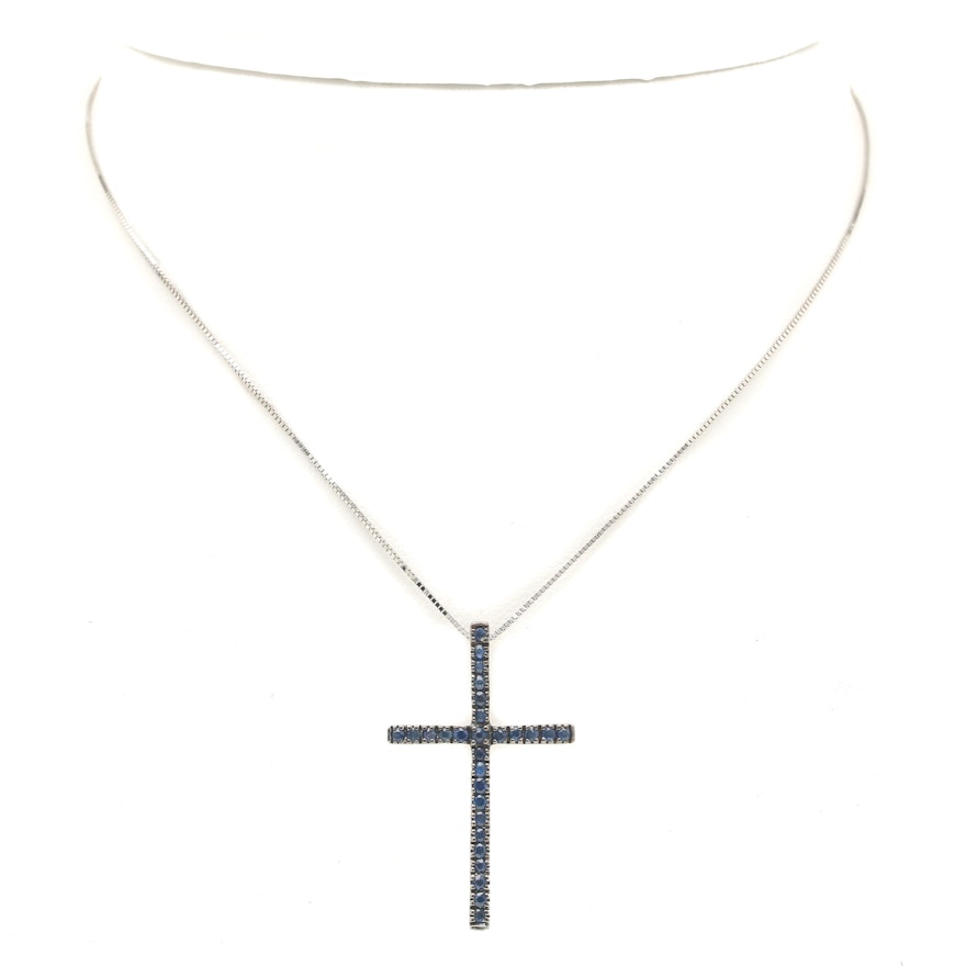 14K White Gold Blue Sapphire Cross Necklace