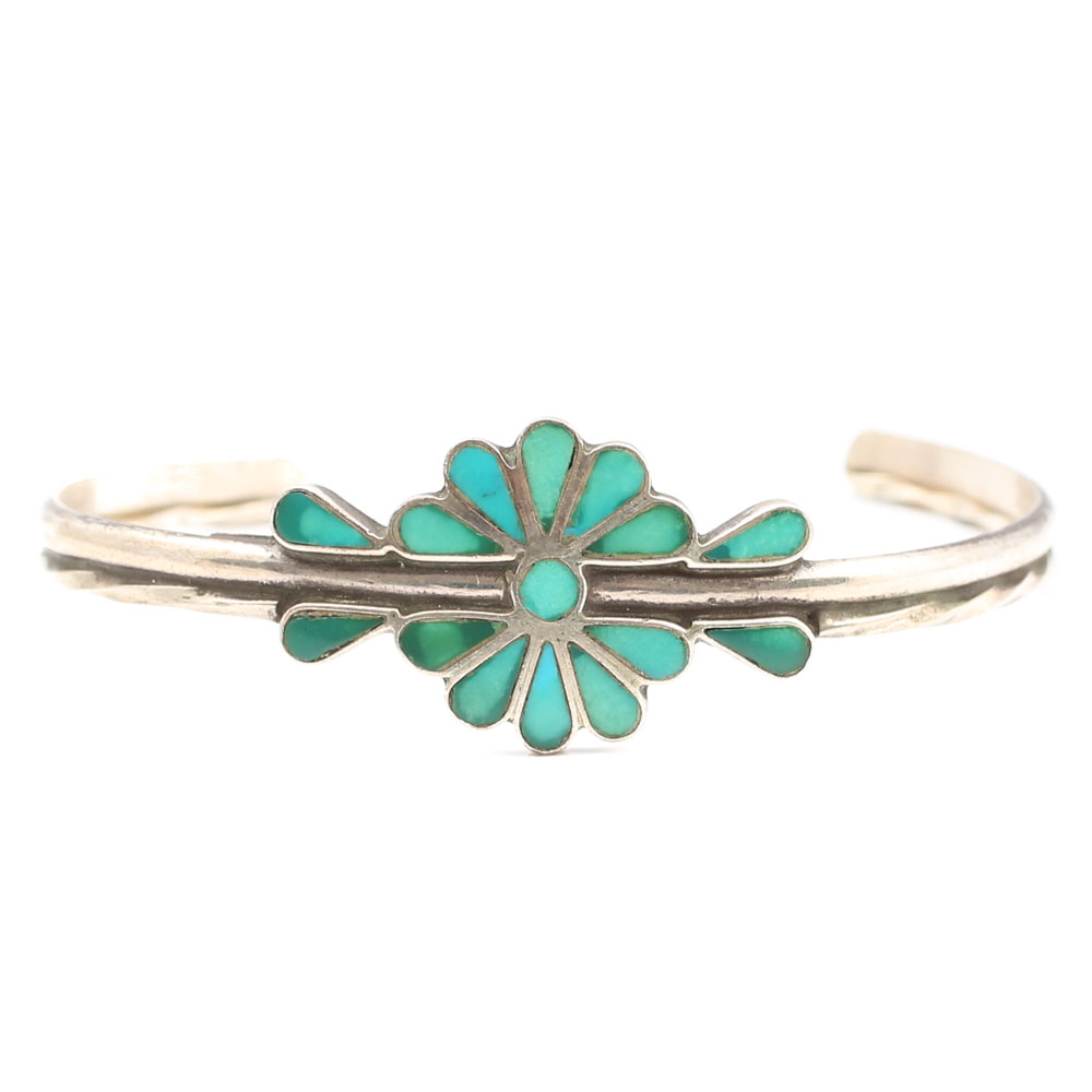 Sterling Silver Inlay Turquoise Flower Cuff Bracelet