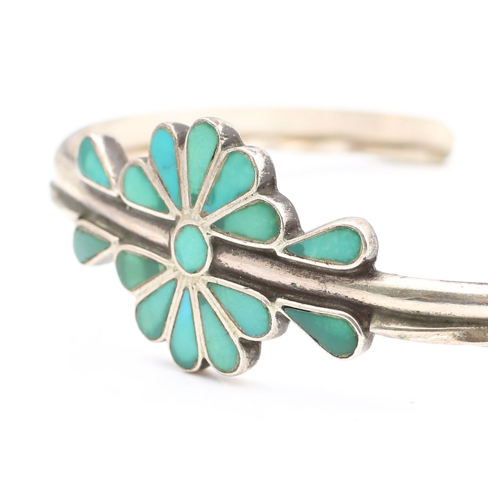 Sterling Silver Inlay Turquoise Flower Cuff Bracelet