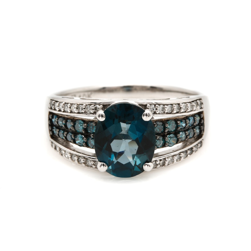 10K White Gold Blue Topaz and Diamond Ring