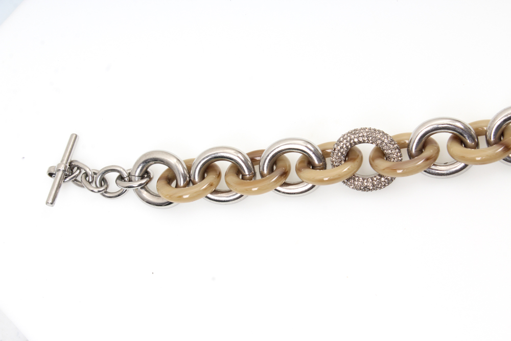 Michael Kors Silver Tone Imitation Horn and Pave Crystal Link Necklace