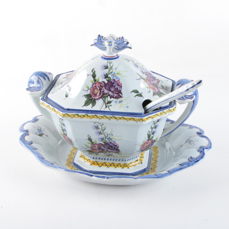Portuguese Ceramic Soup Tureen with Tray