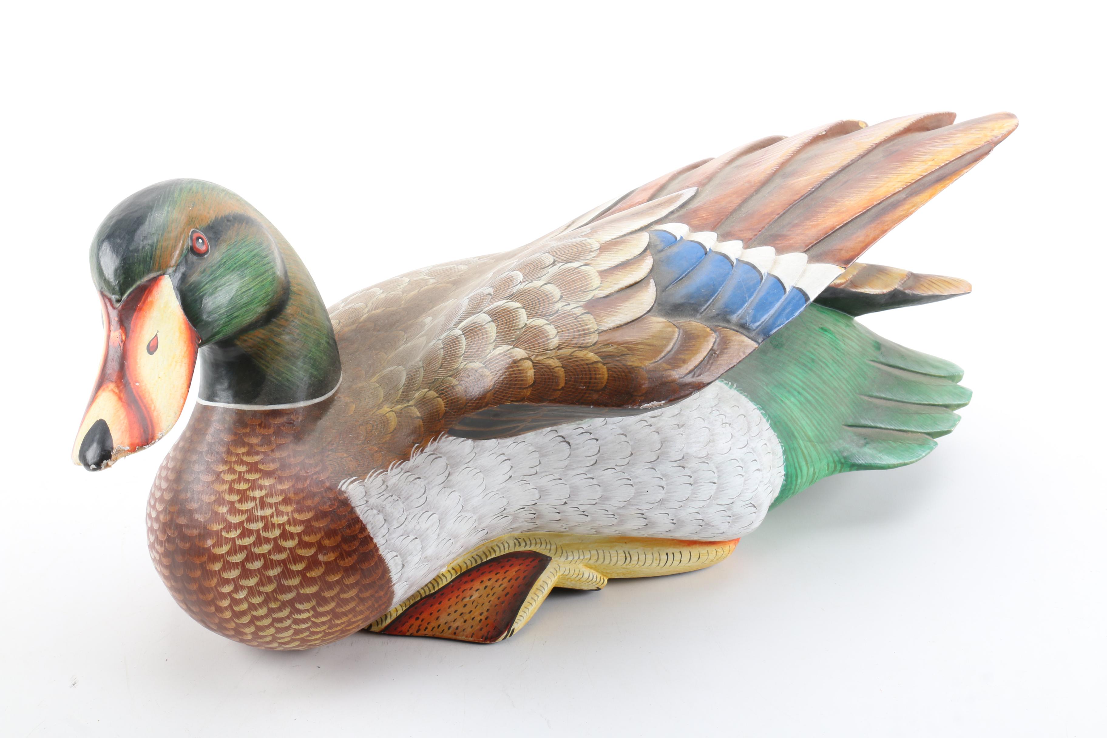Carved Wood Duck Figurine and Painted Wood Decoy Style Figurine