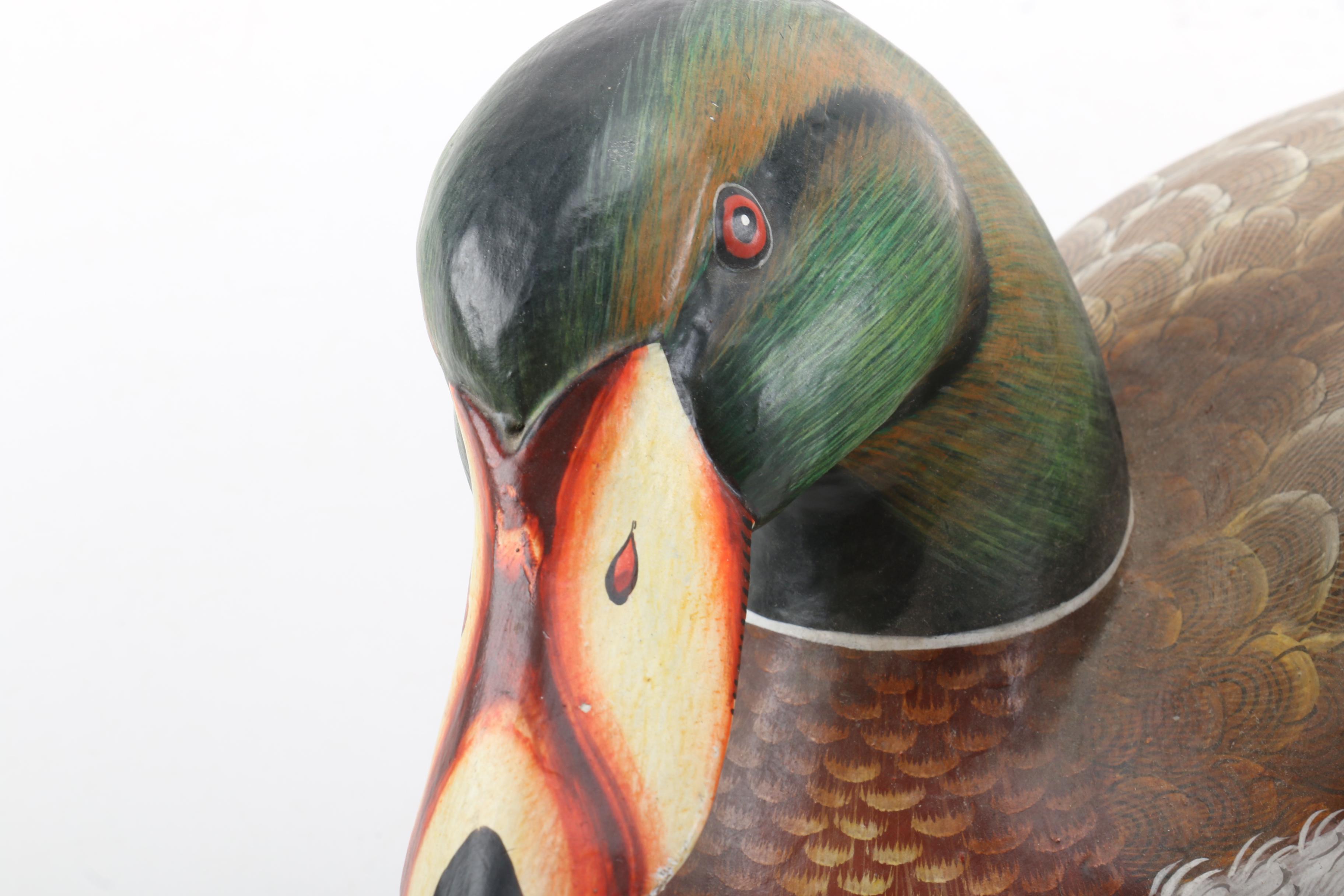 Carved Wood Duck Figurine and Painted Wood Decoy Style Figurine