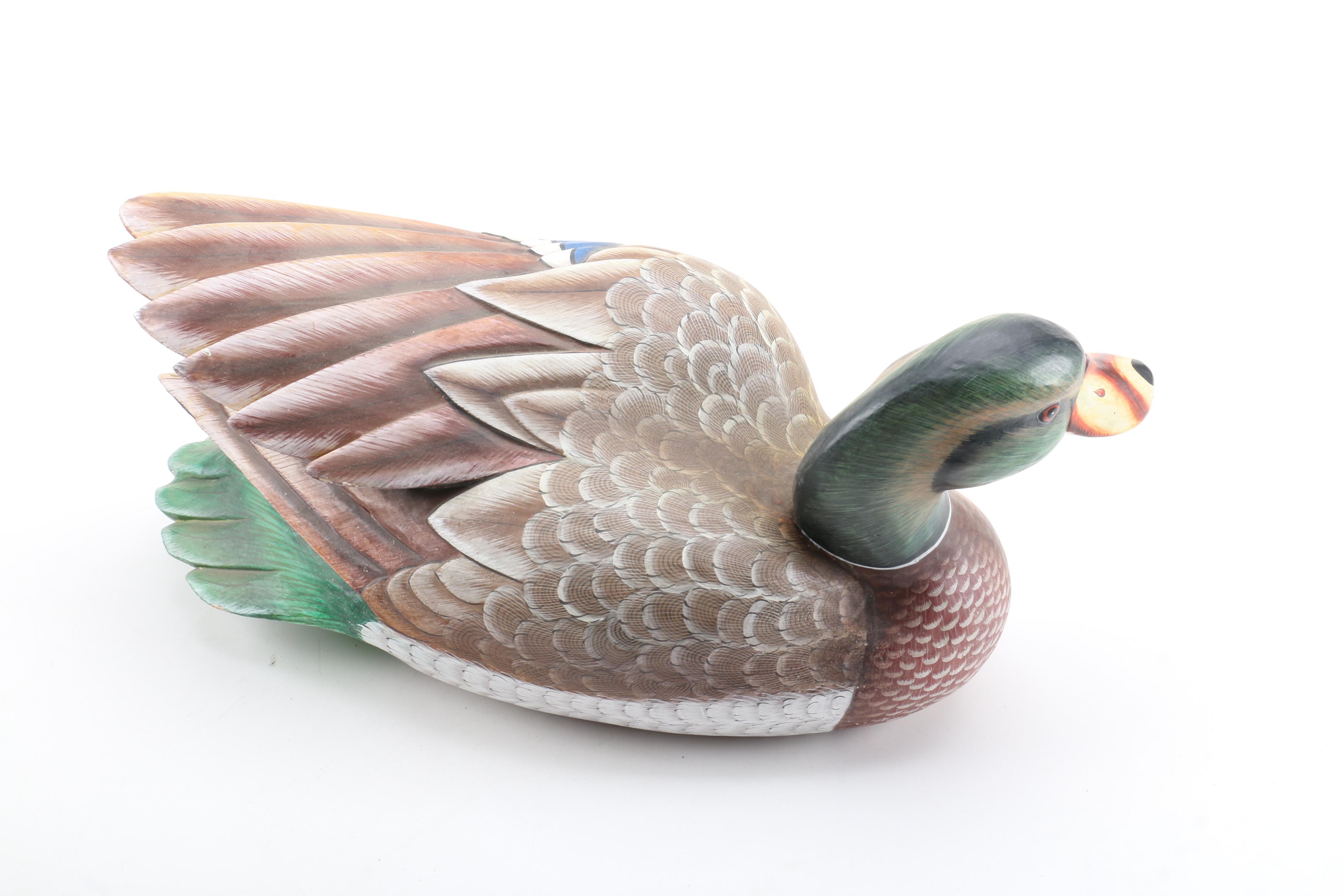 Carved Wood Duck Figurine and Painted Wood Decoy Style Figurine