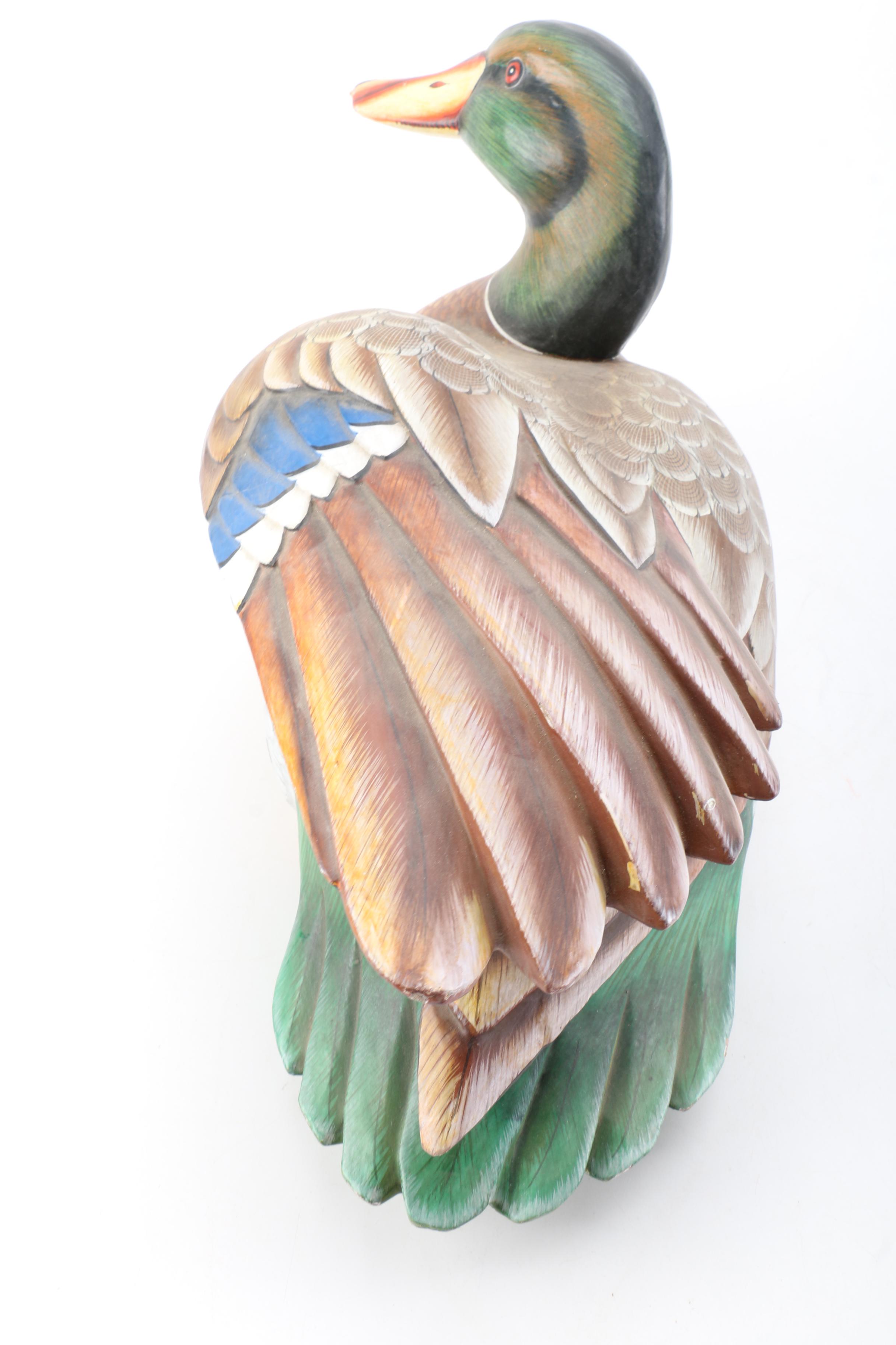 Carved Wood Duck Figurine and Painted Wood Decoy Style Figurine