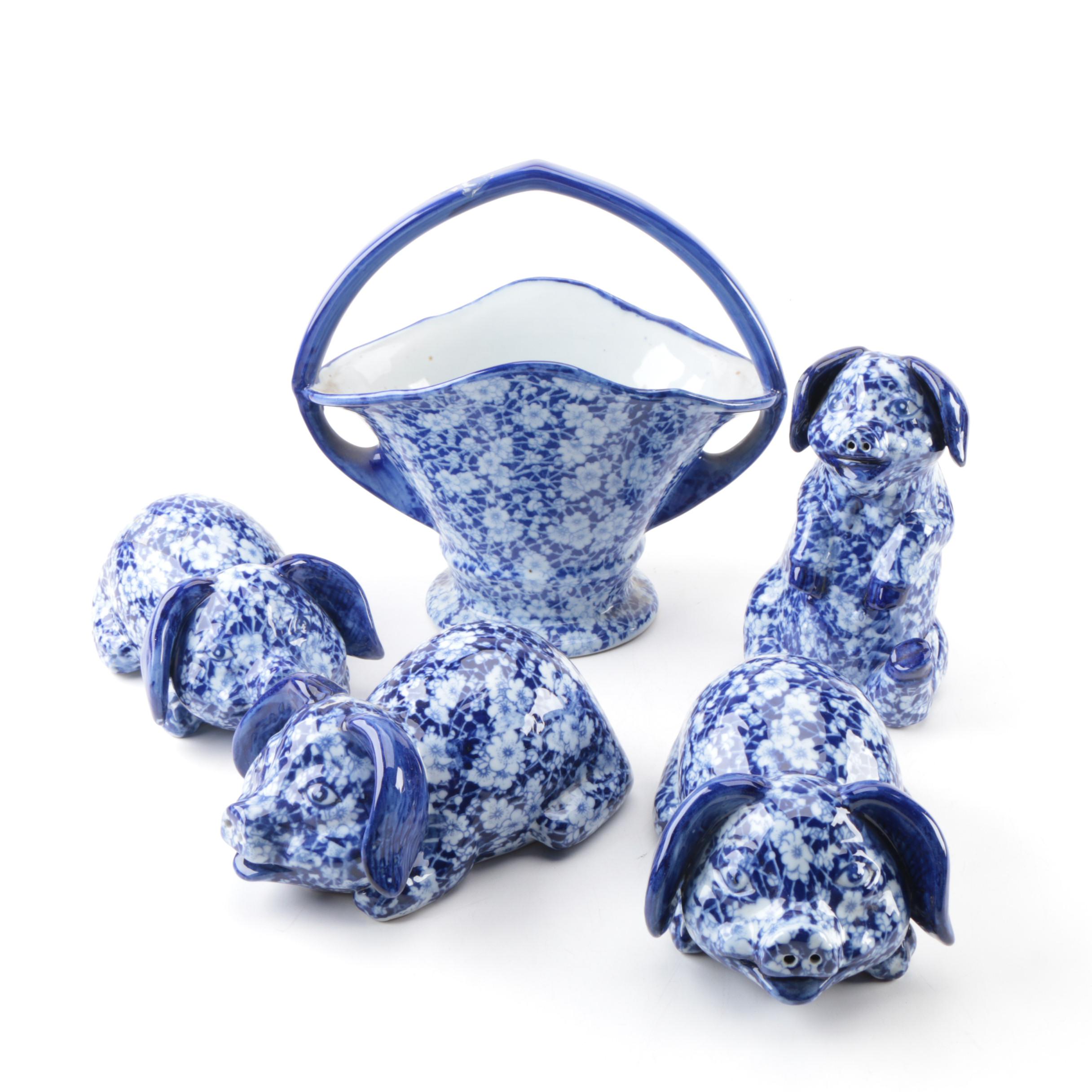 Victoria Ironstone Flow Blue "Calico" Pigs and Basket