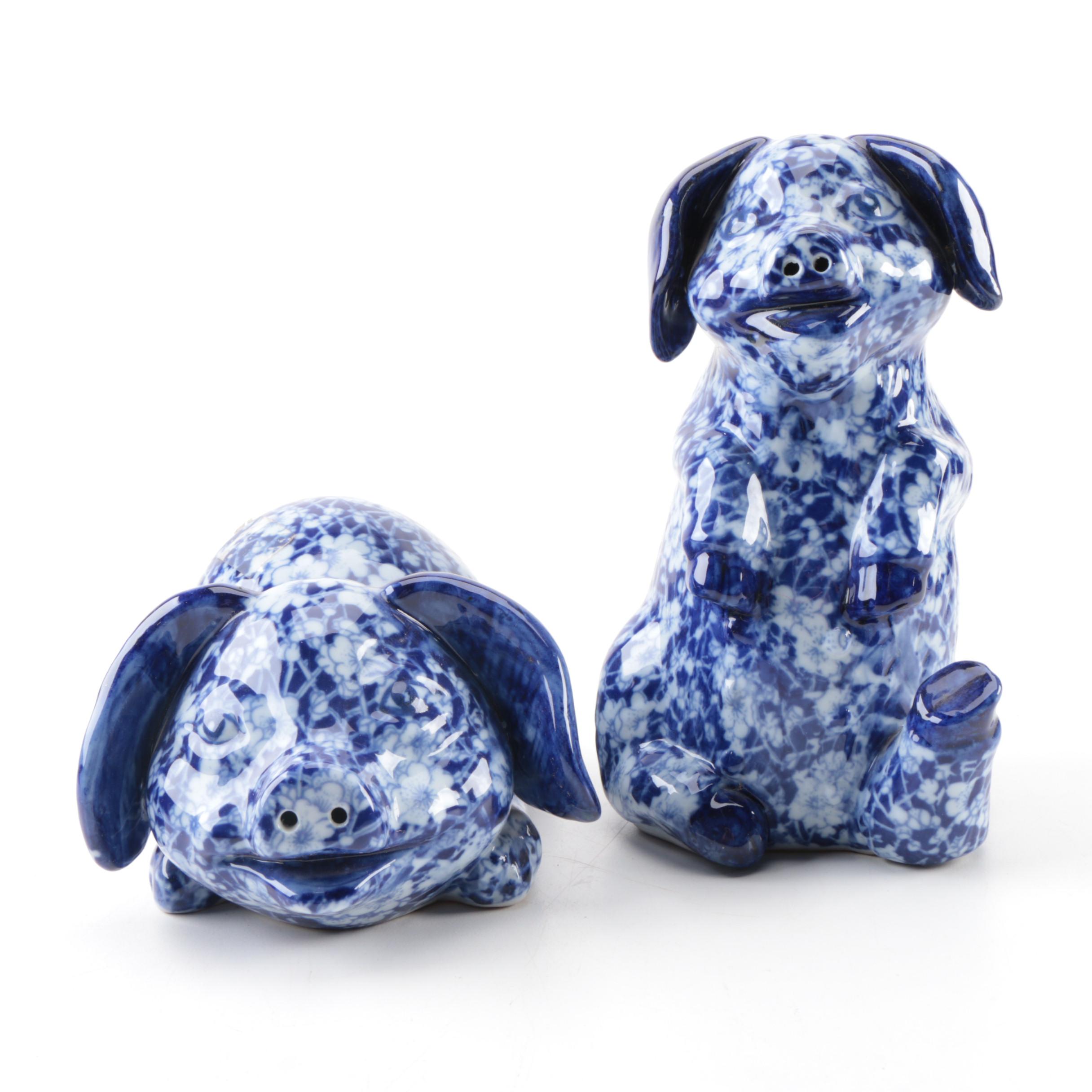 Victoria Ironstone Flow Blue "Calico" Pigs and Basket