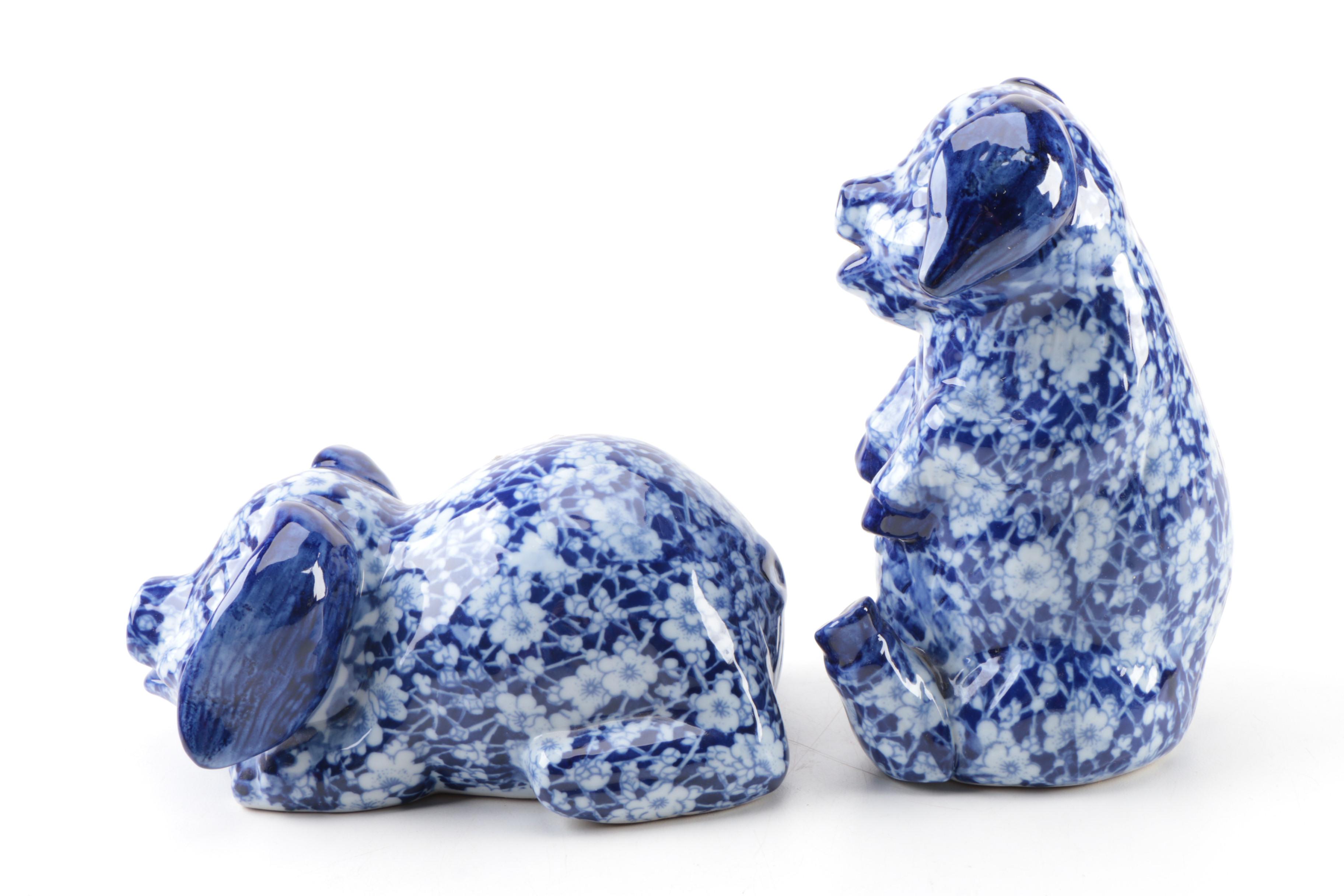 Victoria Ironstone Flow Blue "Calico" Pigs and Basket