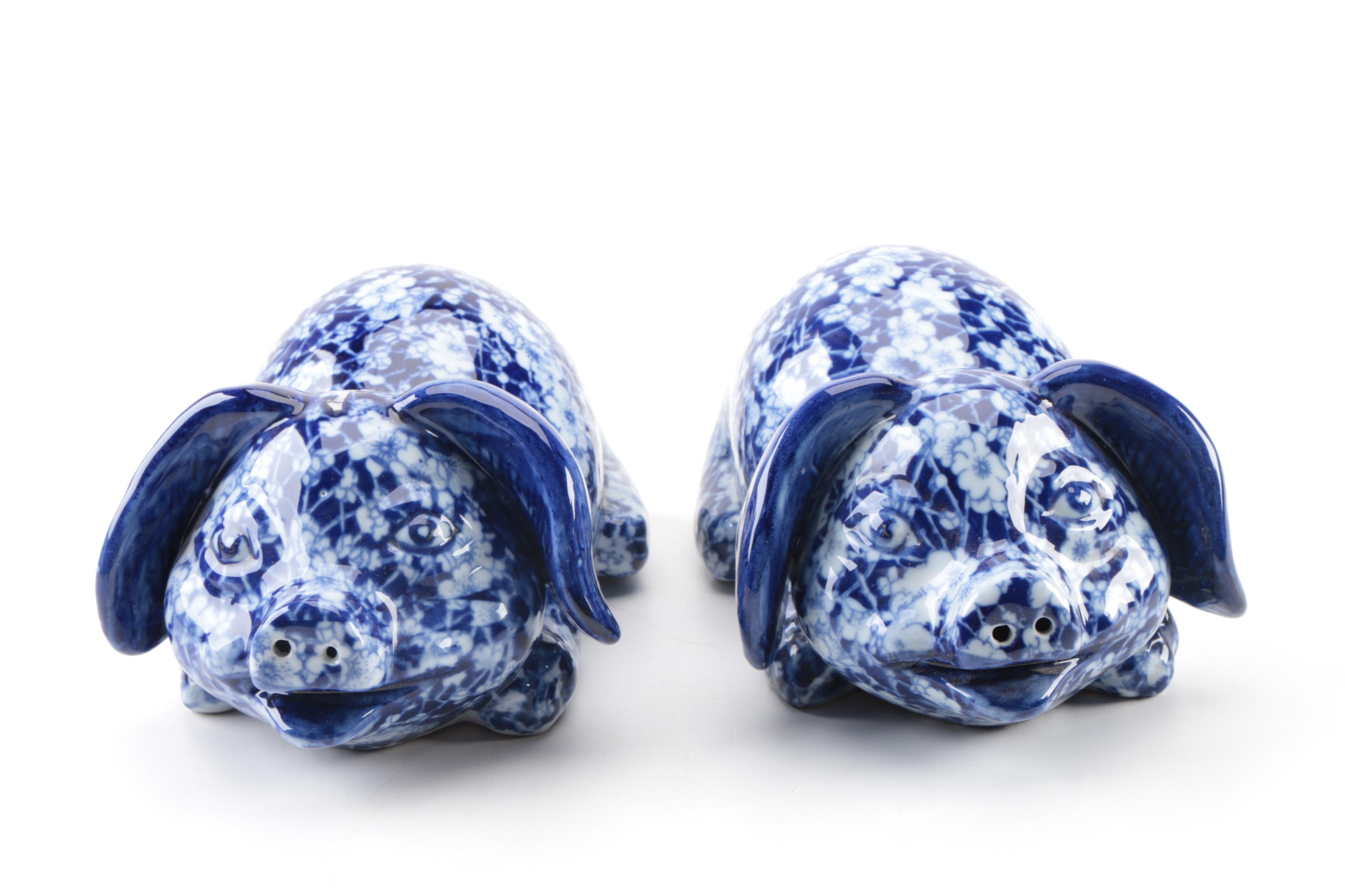 Victoria Ironstone Flow Blue "Calico" Pigs and Basket