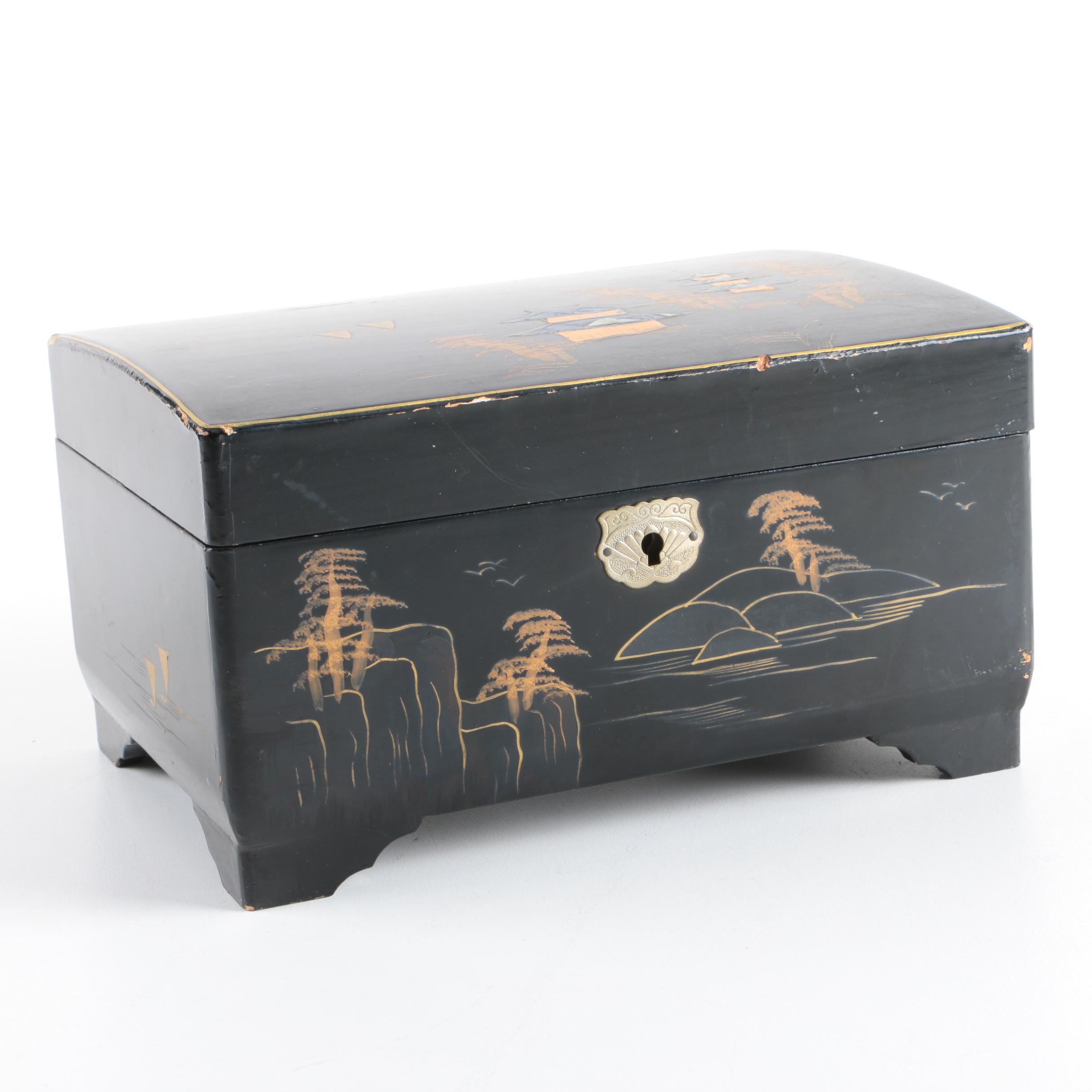 Vintage M.M Japanese Black Lacquer Musical Jewelry Box