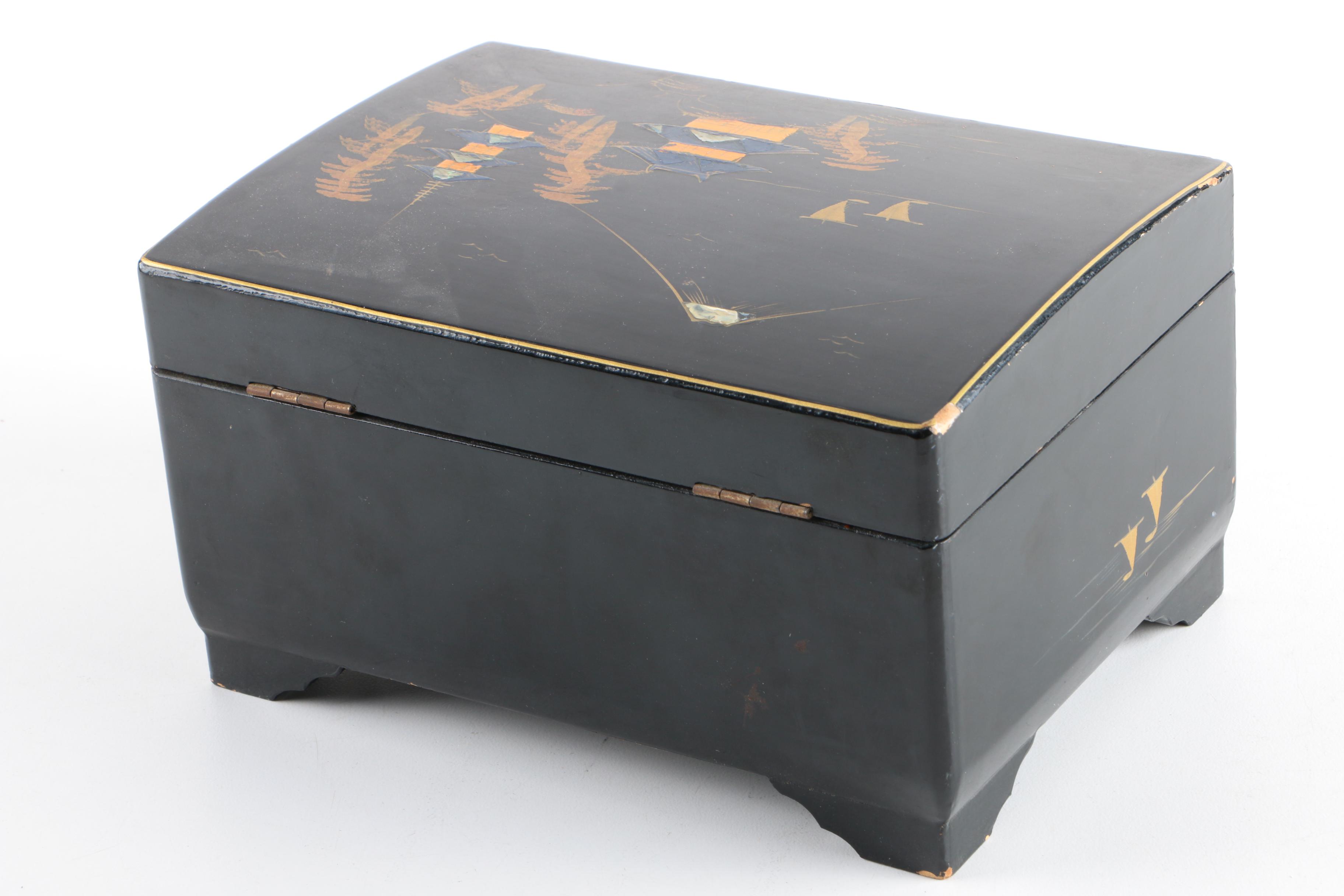 Vintage M.M Japanese Black Lacquer Musical Jewelry Box