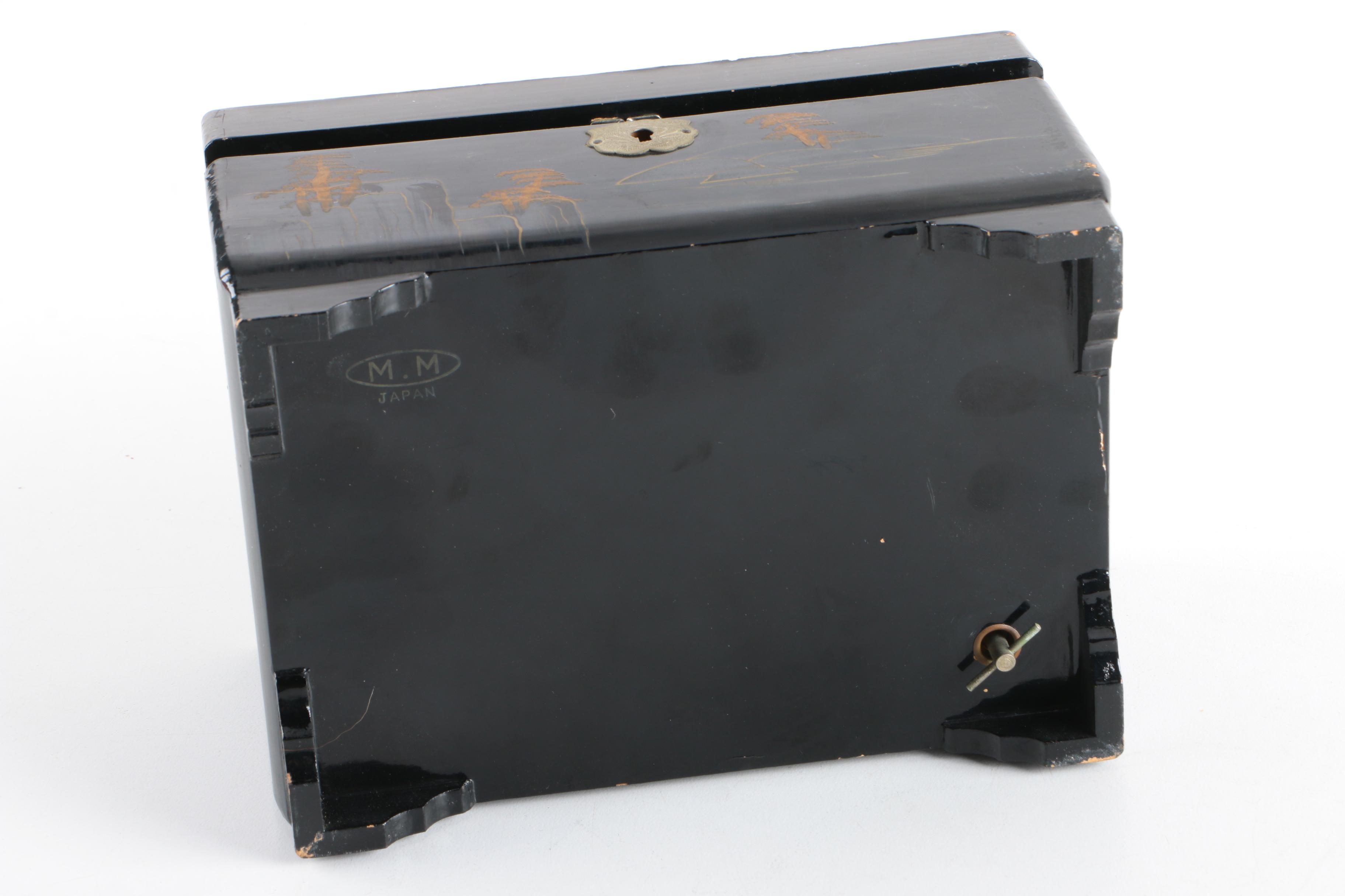 Vintage M.M Japanese Black Lacquer Musical Jewelry Box