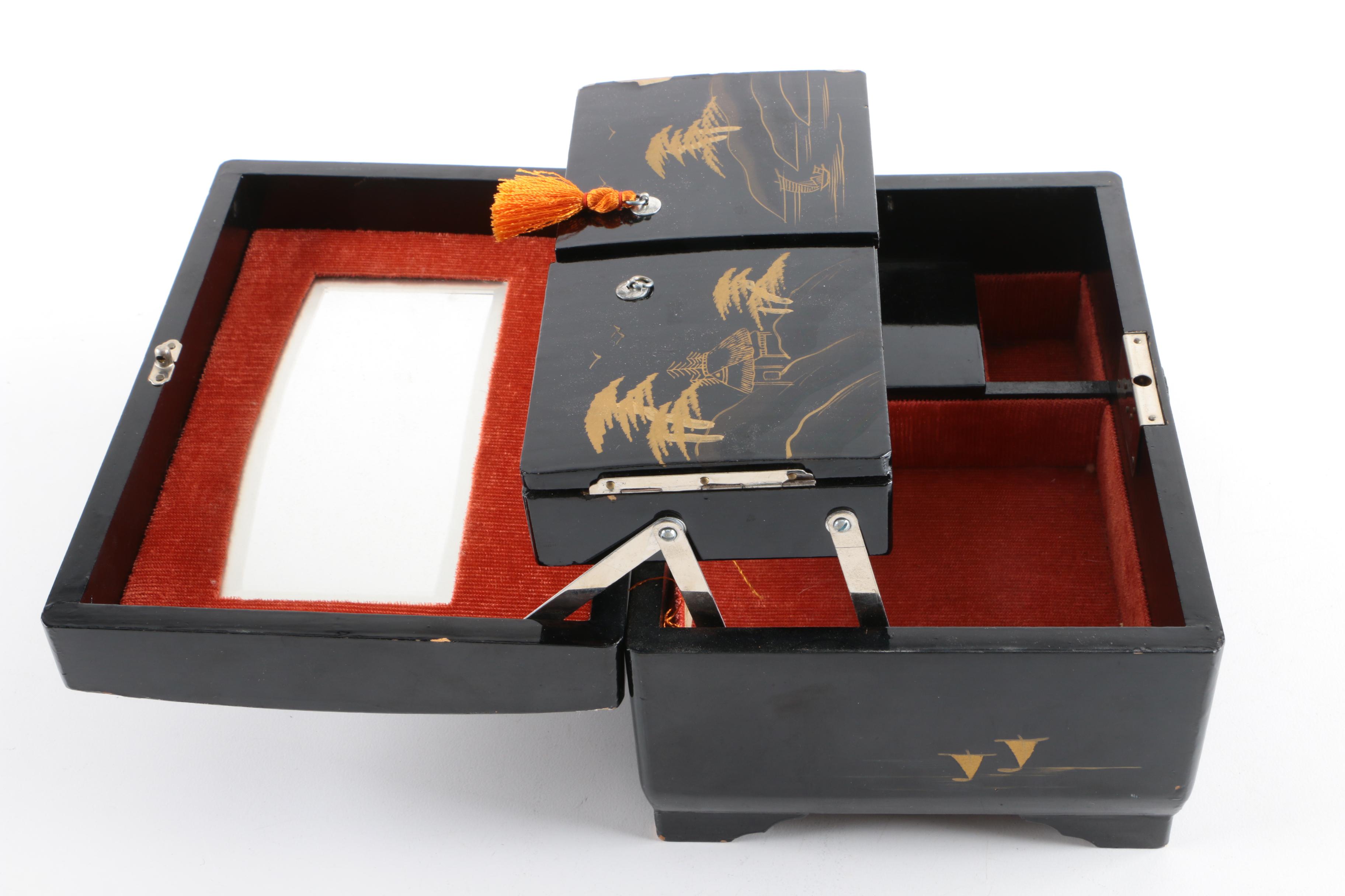 Vintage M.M Japanese Black Lacquer Musical Jewelry Box