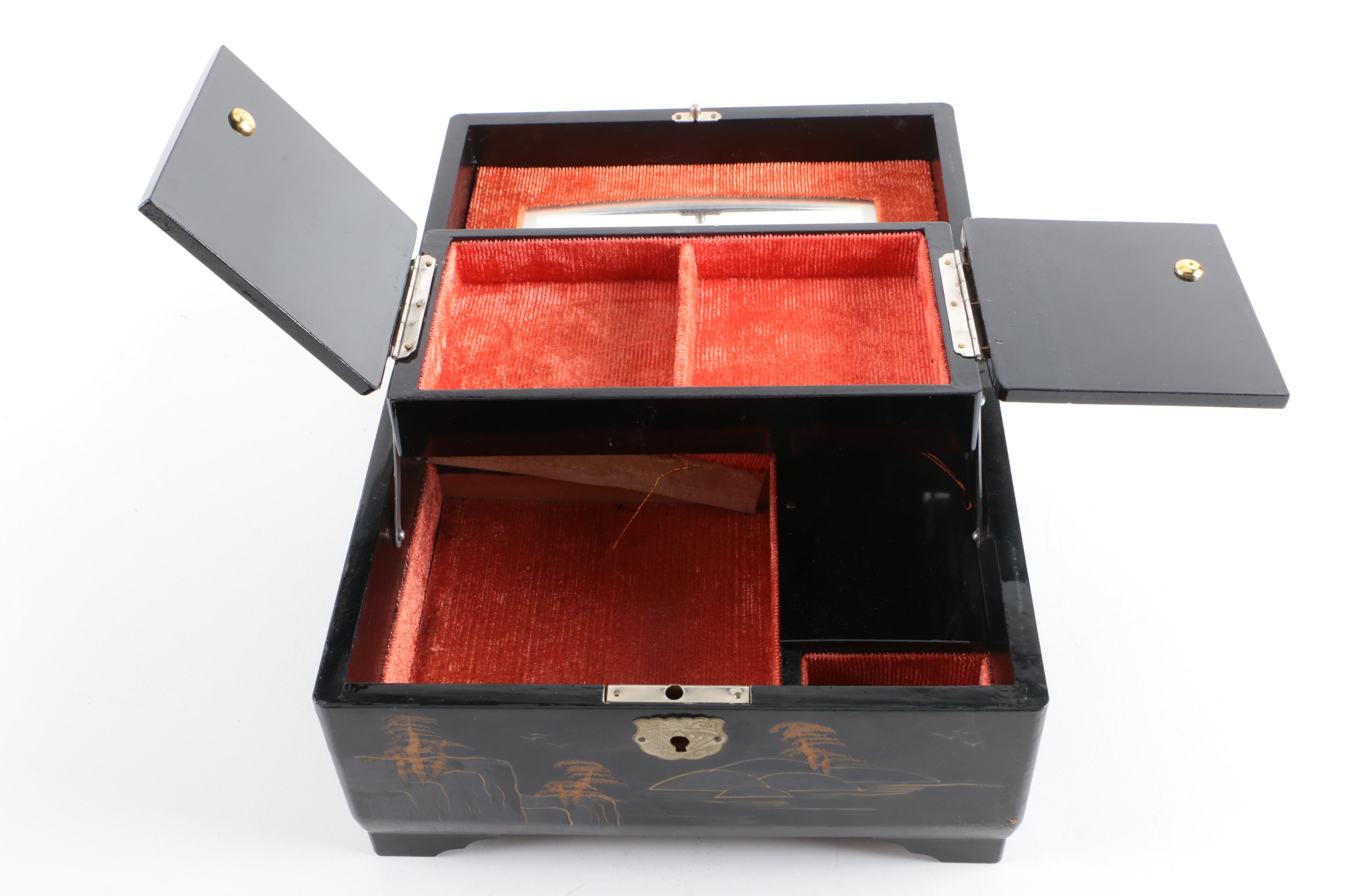 Vintage M.M Japanese Black Lacquer Musical Jewelry Box