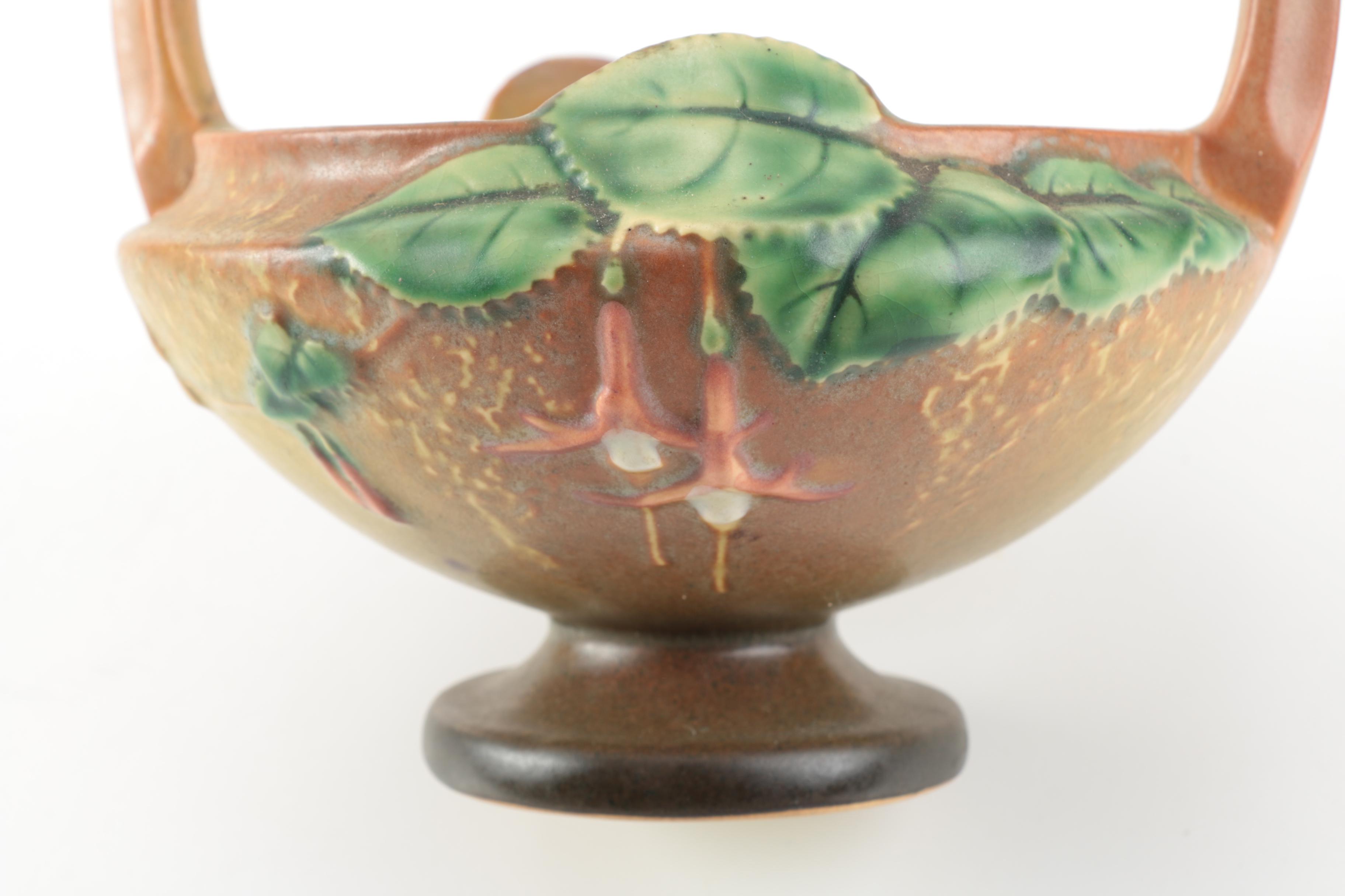 Vintage Roseville Pottery "Fuchsia" Brown Basket with Flower Frog