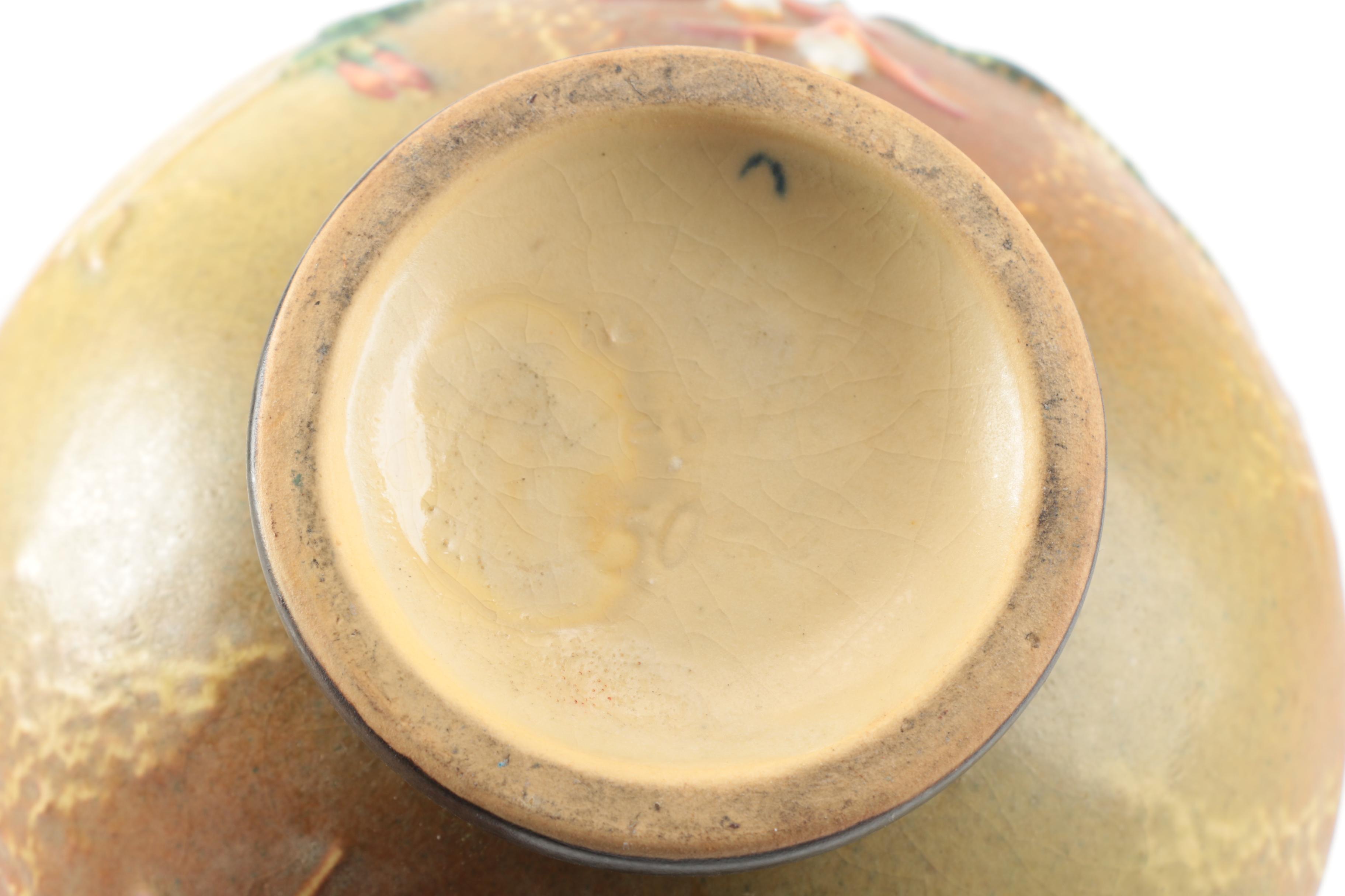 Vintage Roseville Pottery "Fuchsia" Brown Basket with Flower Frog