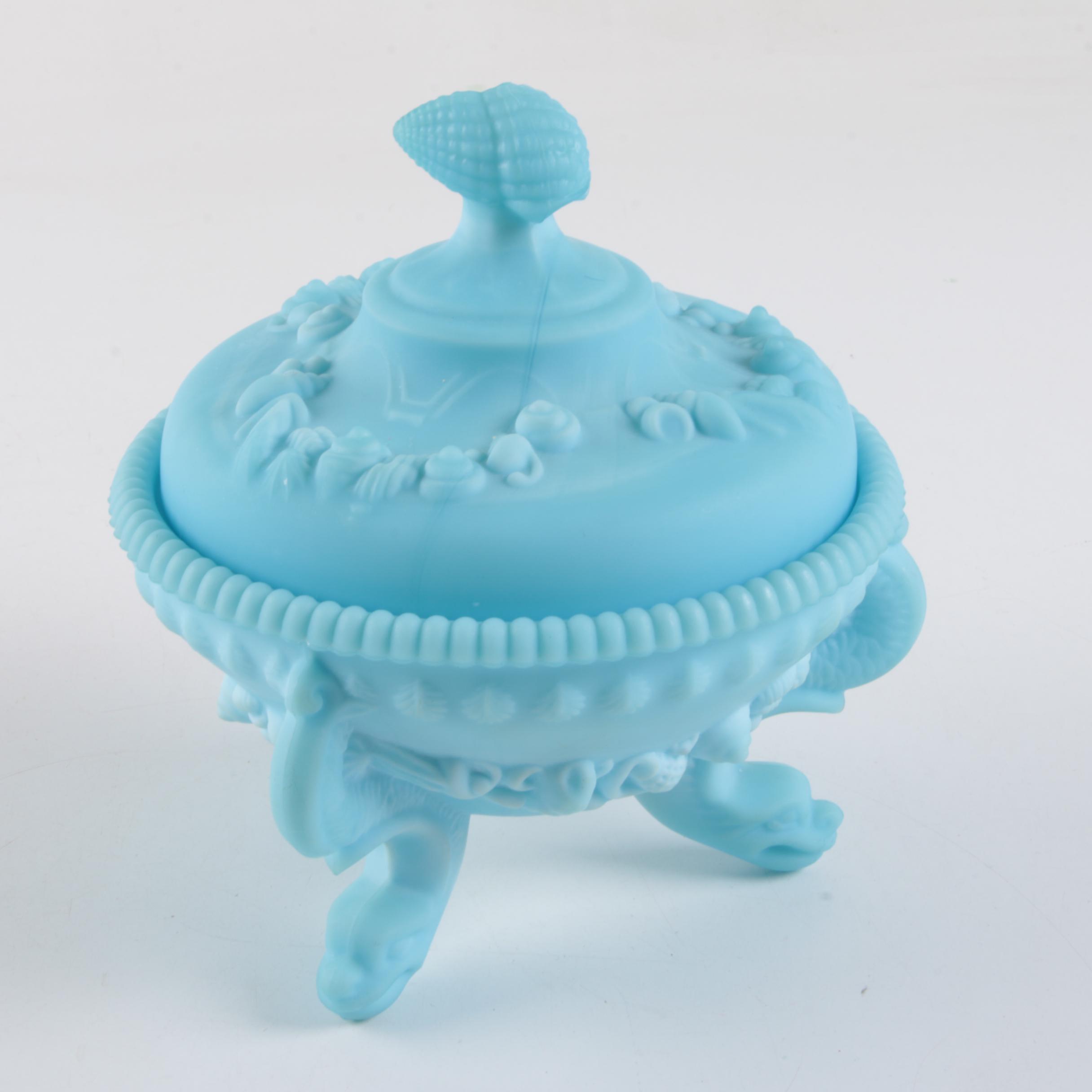 Vintage Westmoreland Dolphin Foot Argonaut Shell Blue Milk Glass Footed Bowl