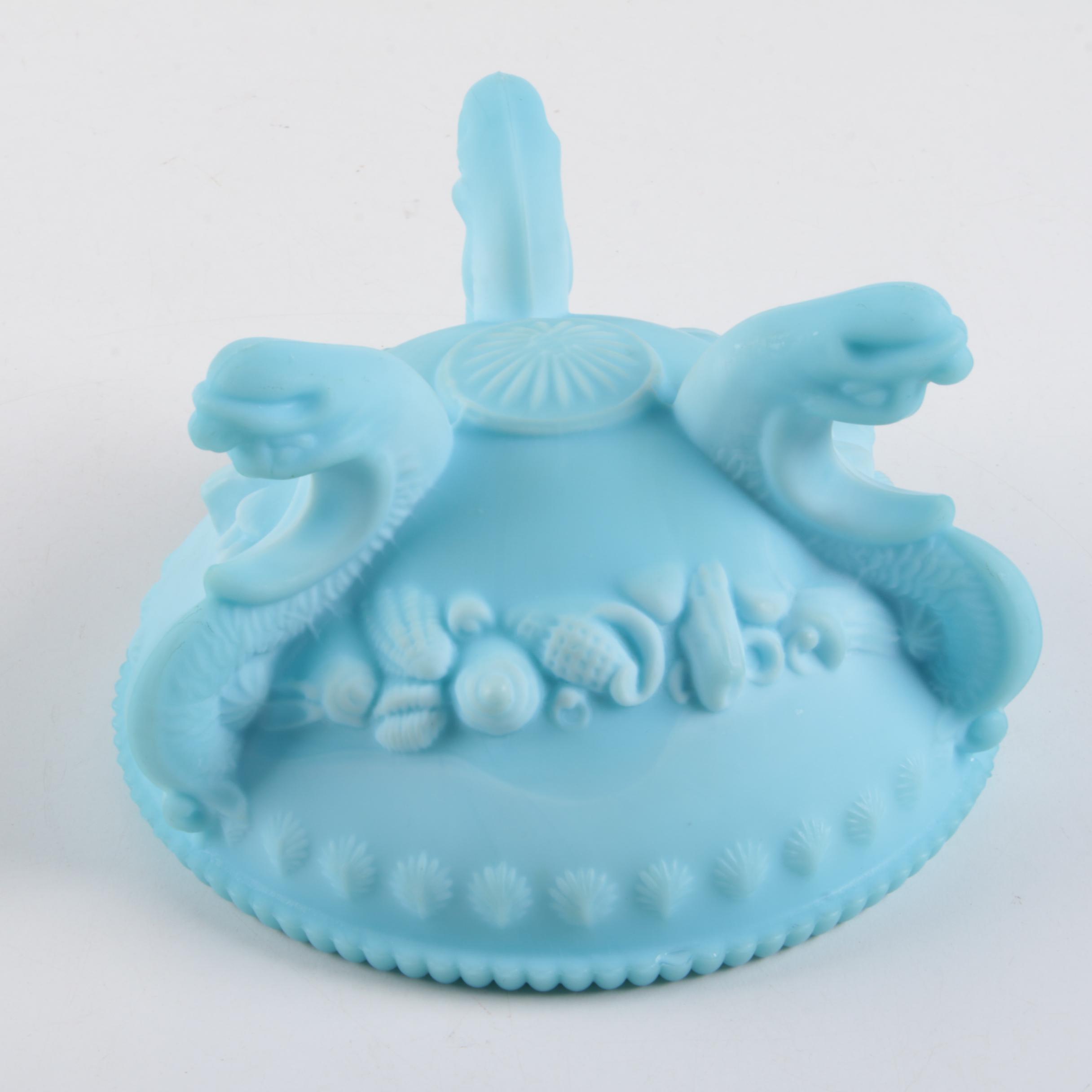 Vintage Westmoreland Dolphin Foot Argonaut Shell Blue Milk Glass Footed Bowl