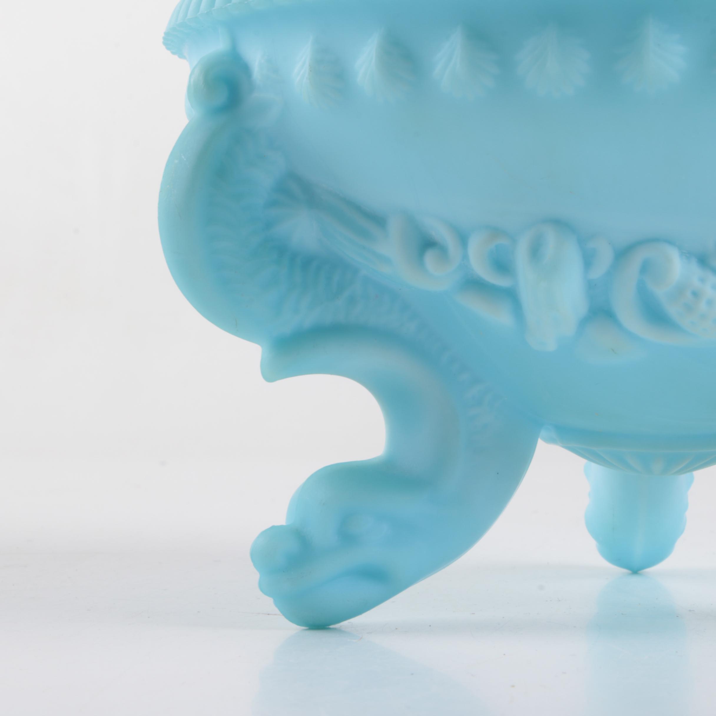 Vintage Westmoreland Dolphin Foot Argonaut Shell Blue Milk Glass Footed Bowl