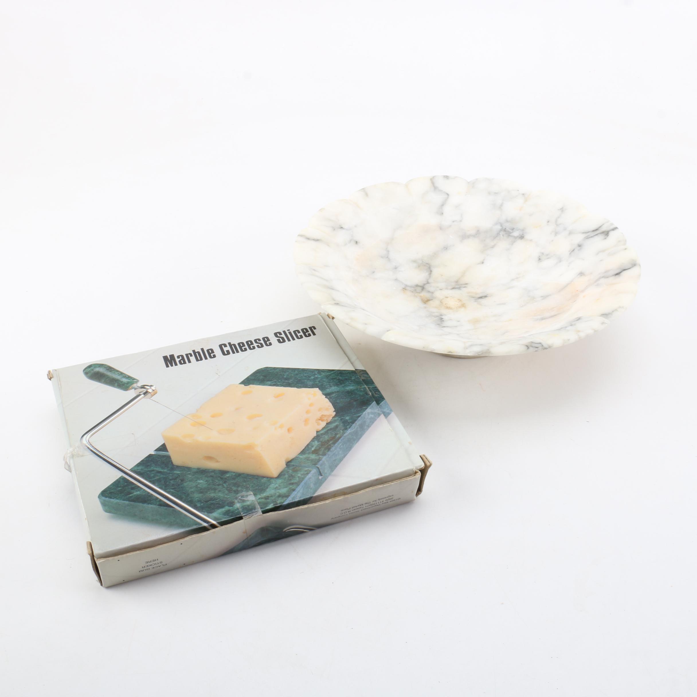 Marble Cheese Slicer and Alabaster Bowl