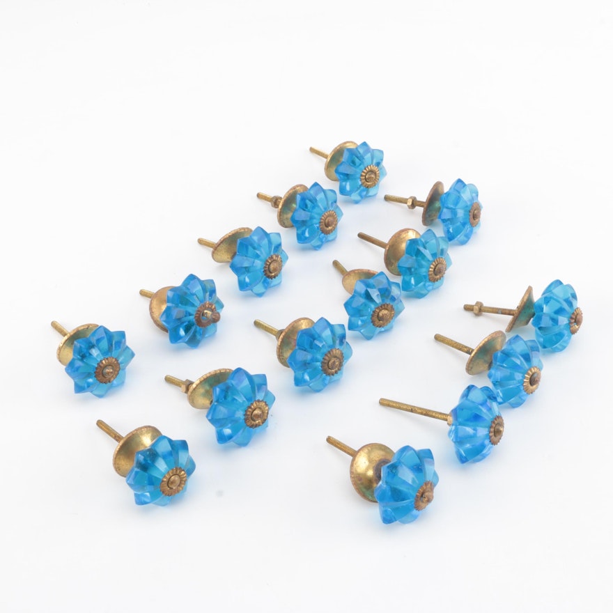 Blue Glass Floral Drawer Pulls