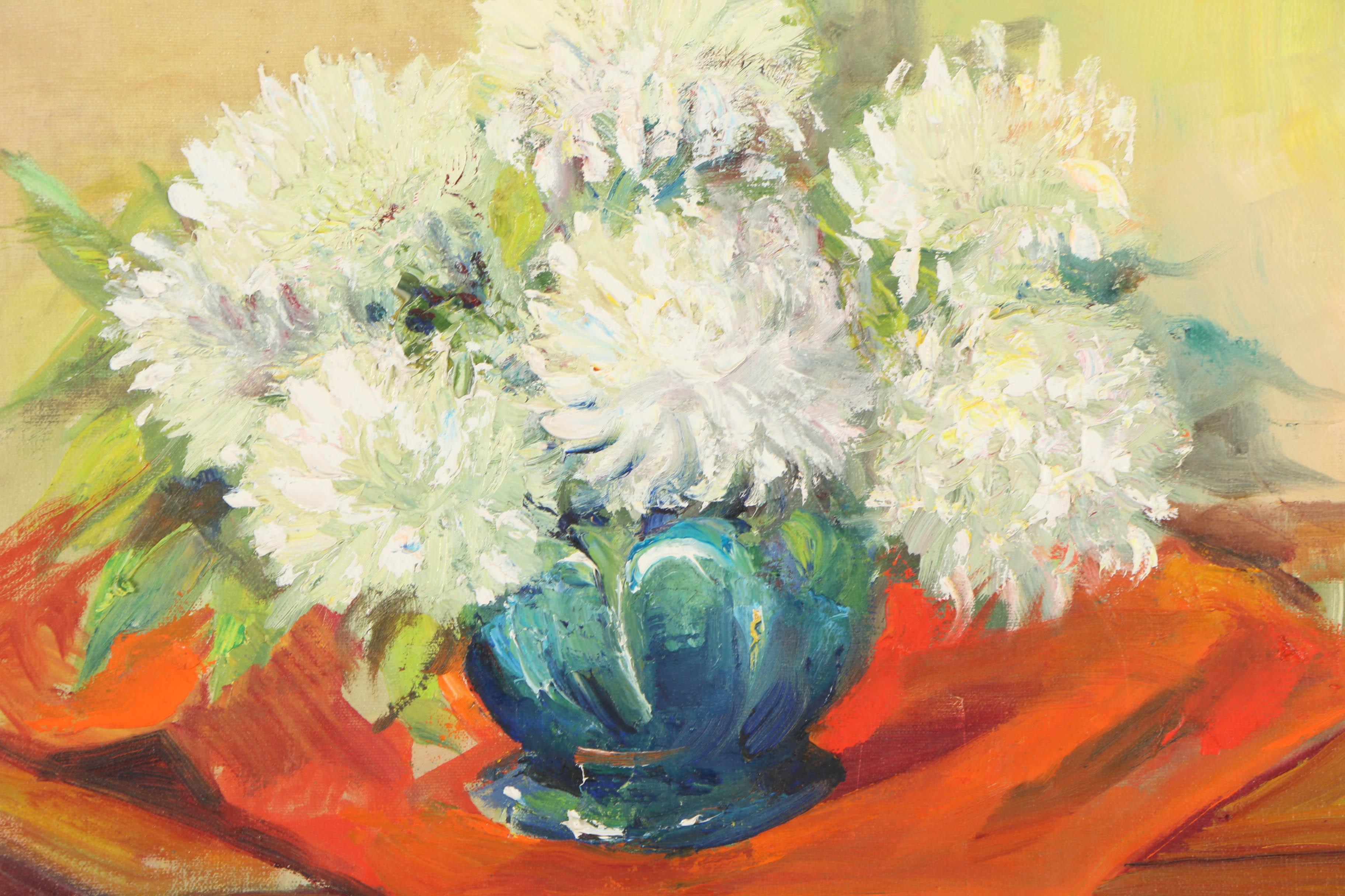 Kathryn Tauber Oil Painting "White Mums in Greenhouse"
