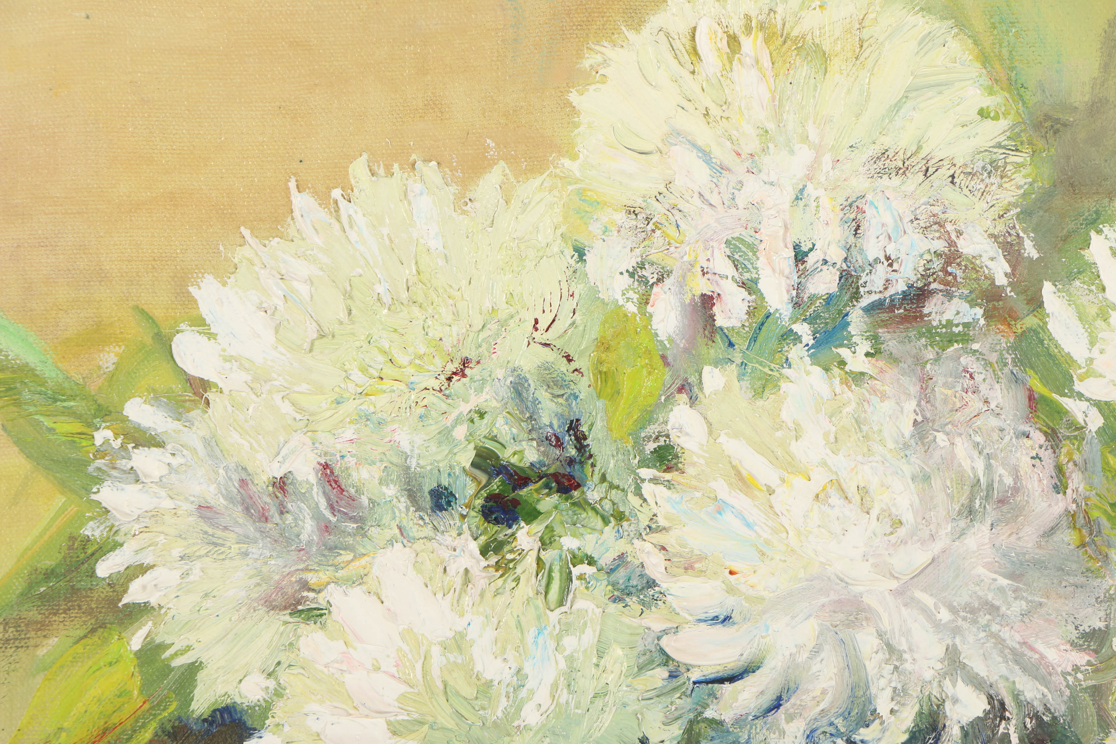 Kathryn Tauber Oil Painting "White Mums in Greenhouse"