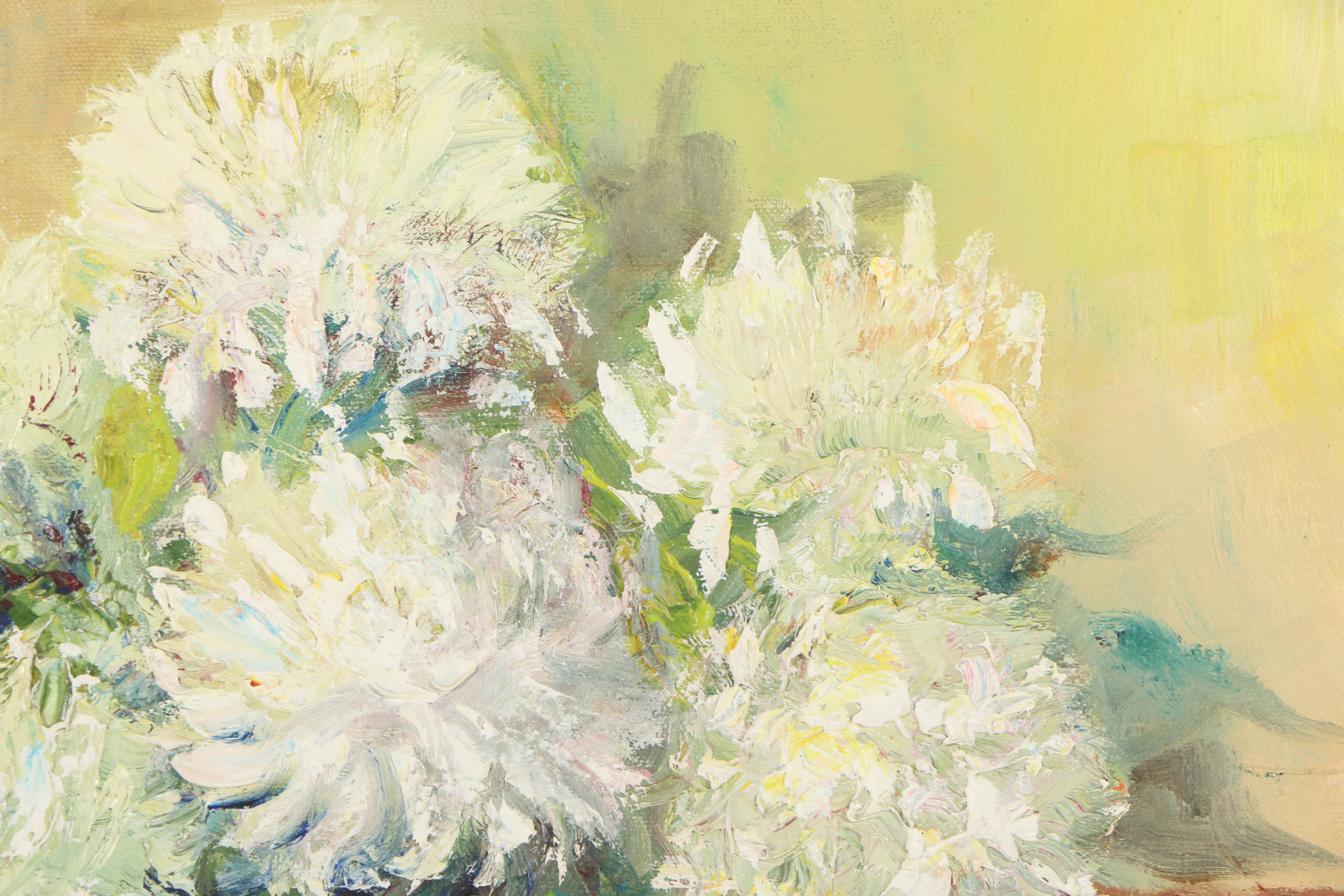 Kathryn Tauber Oil Painting "White Mums in Greenhouse"