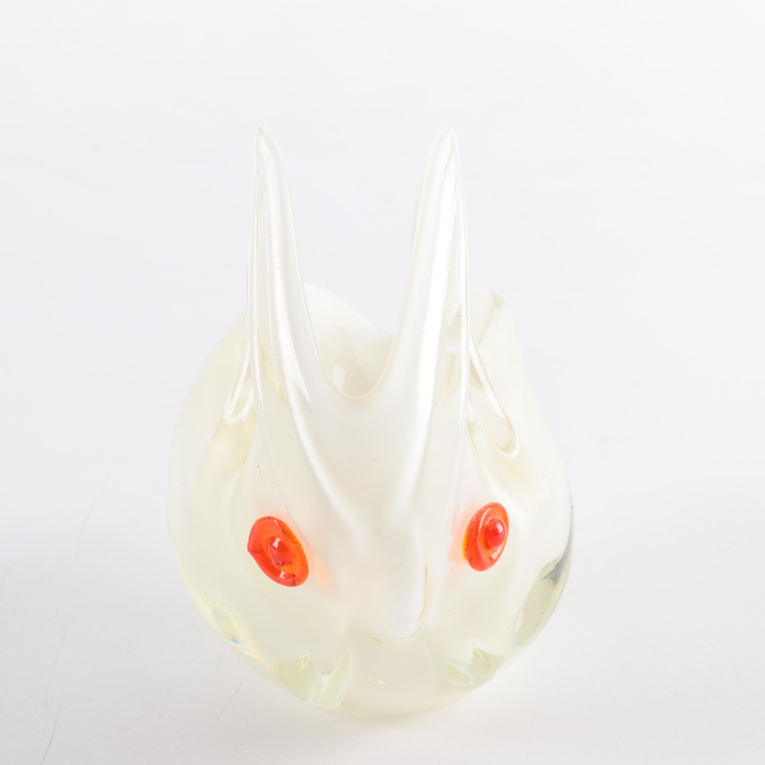 Blown Art Glass White Rabbit Dish