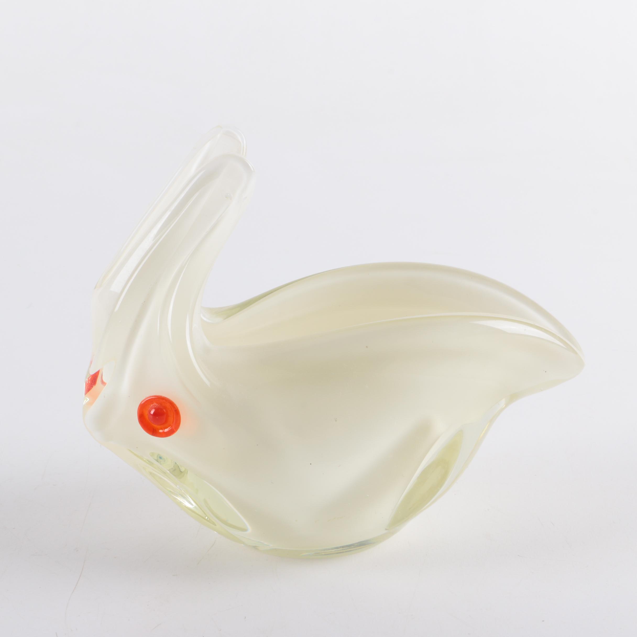 Blown Art Glass White Rabbit Dish