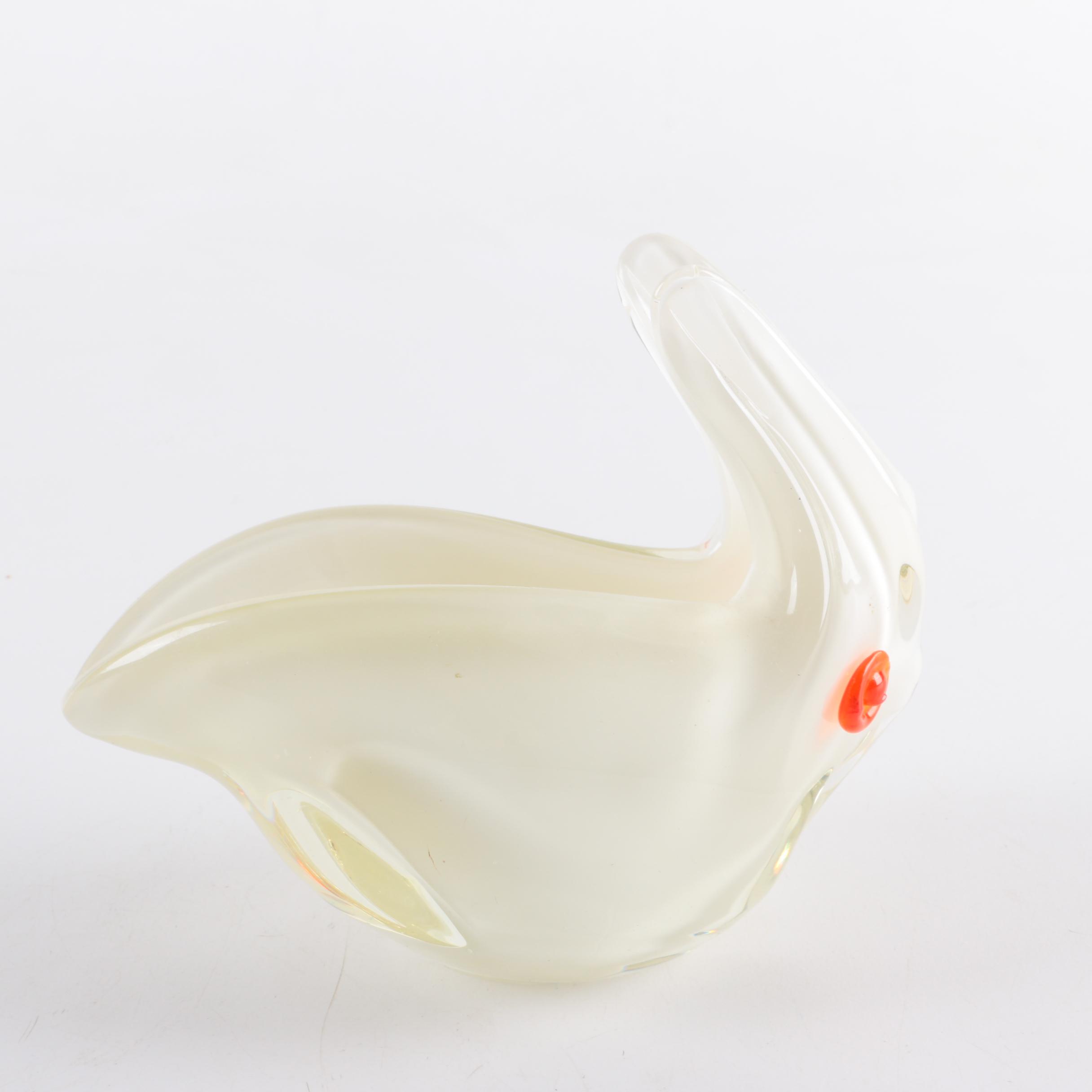 Blown Art Glass White Rabbit Dish