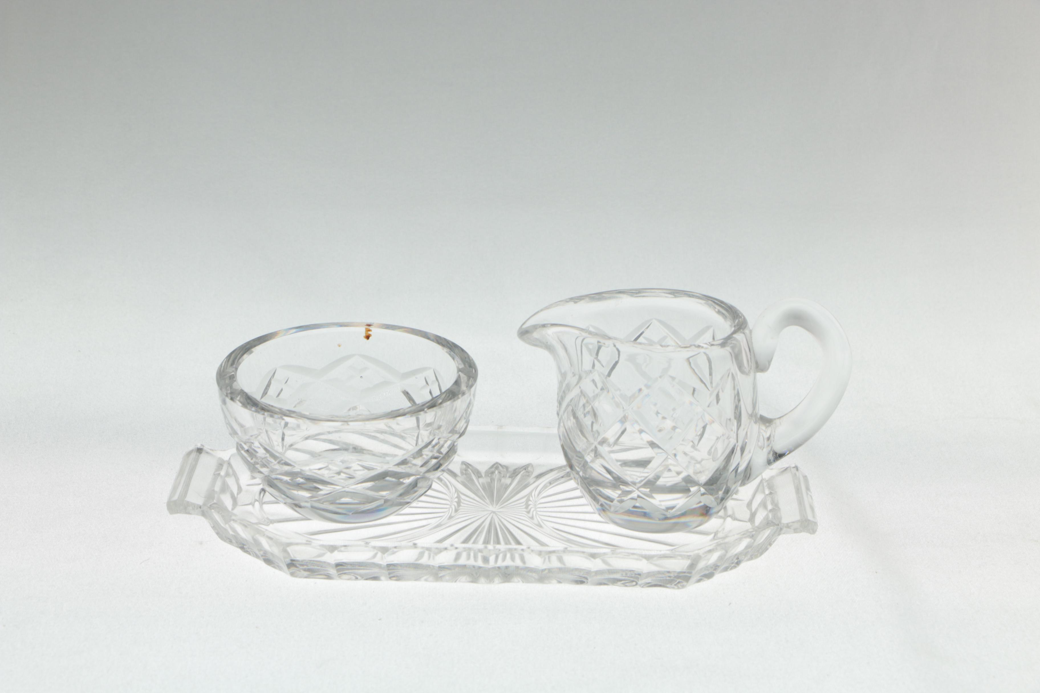 Waterford Crystal Mini Creamer and Open Sugar Bowl with Crystal Tray