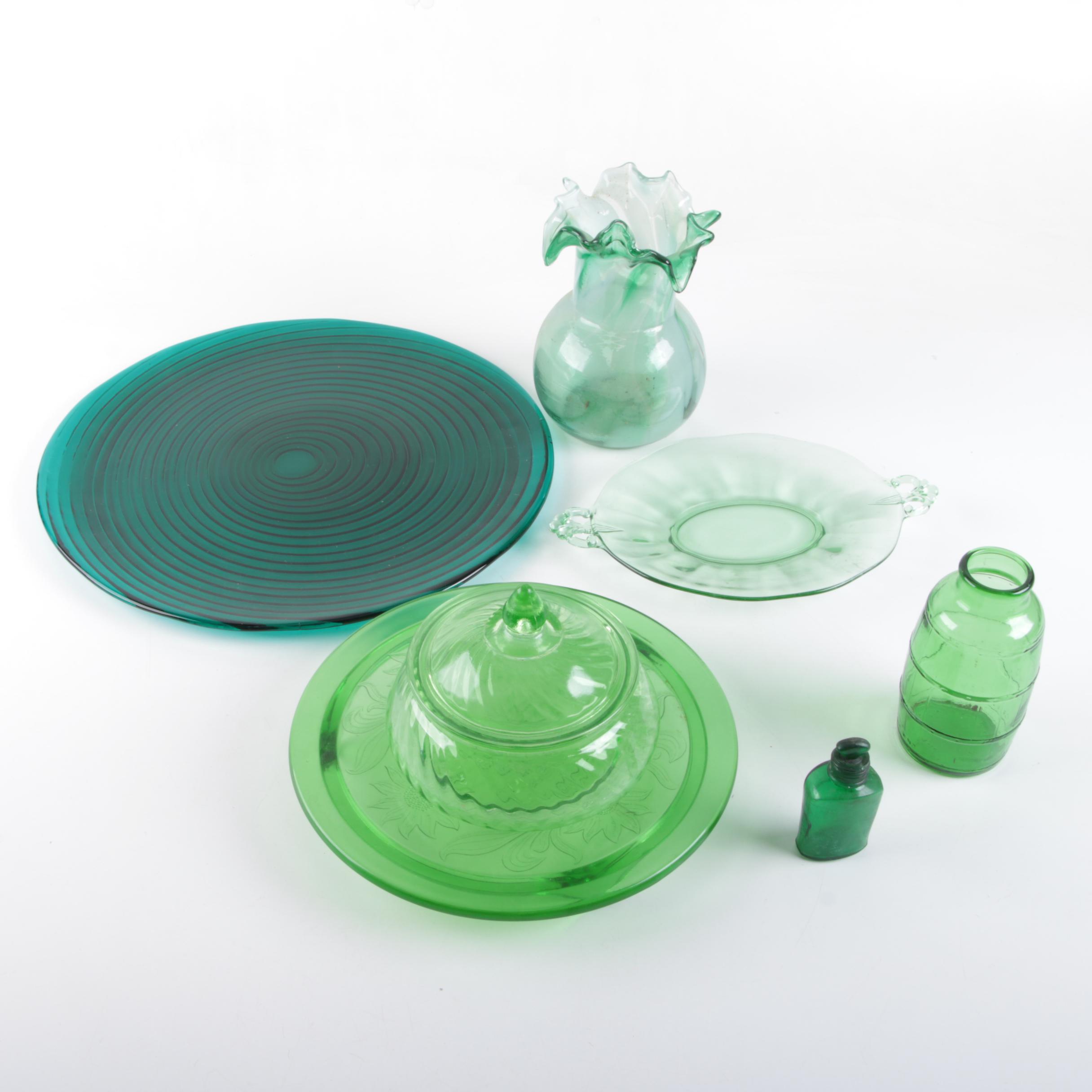 Depression Glass Including Jeannette "Sunflower Green" Cake Plate and More