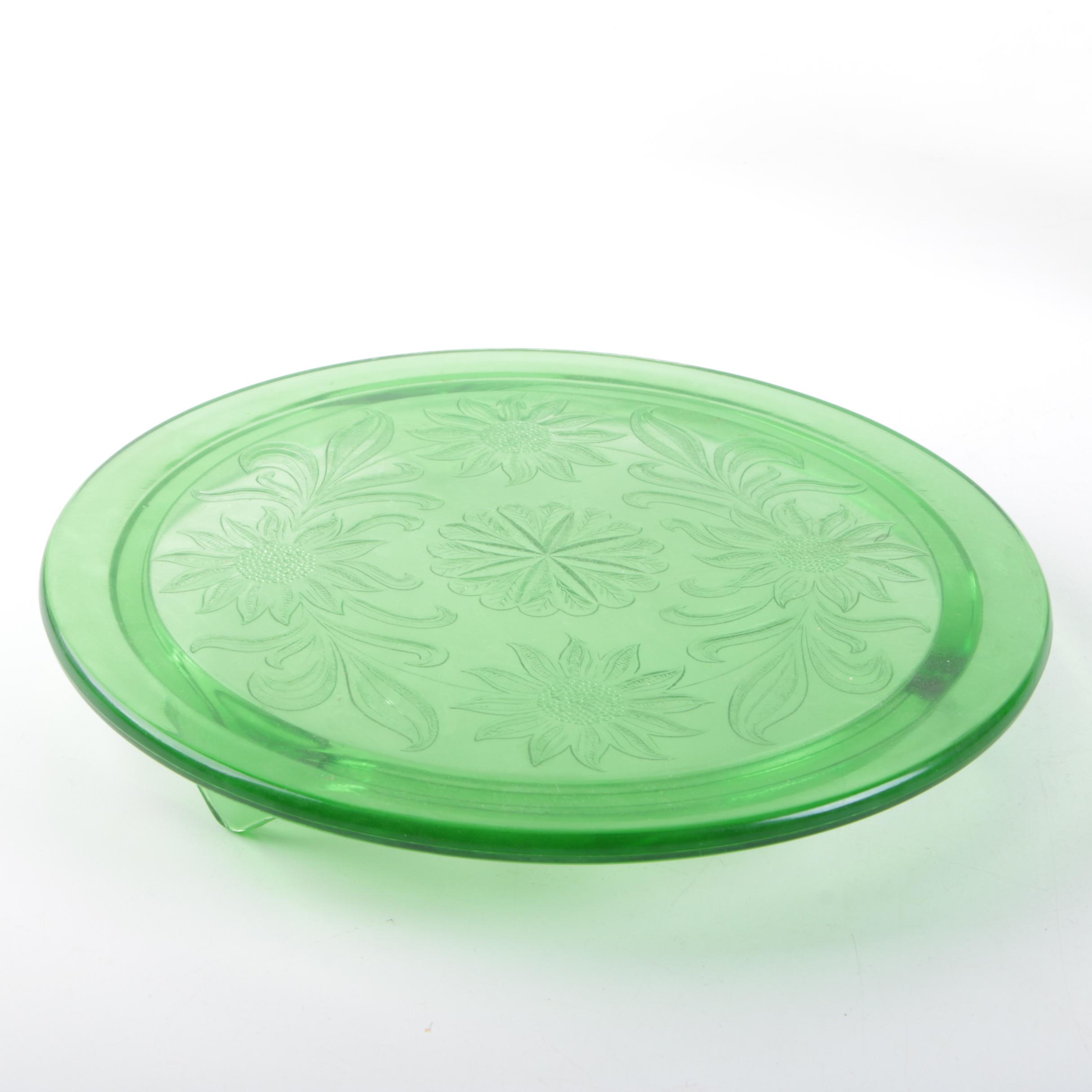 Depression Glass Including Jeannette "Sunflower Green" Cake Plate and More