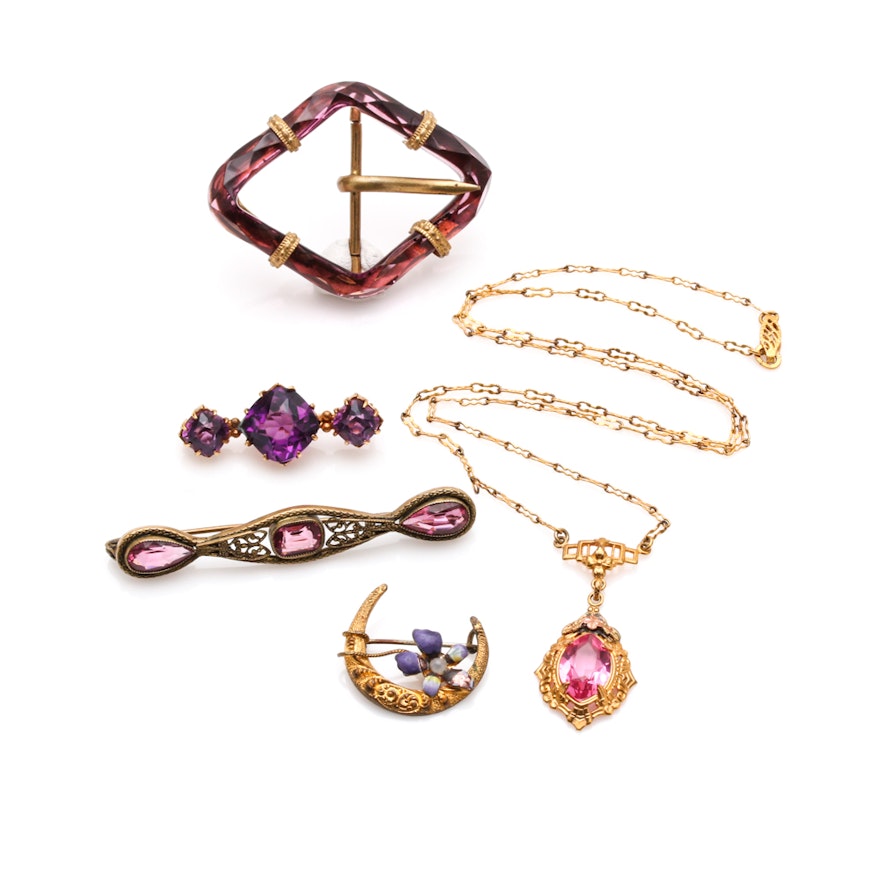 Vintage Jewelry Including Art Nouveau Brooch and Czech Glass