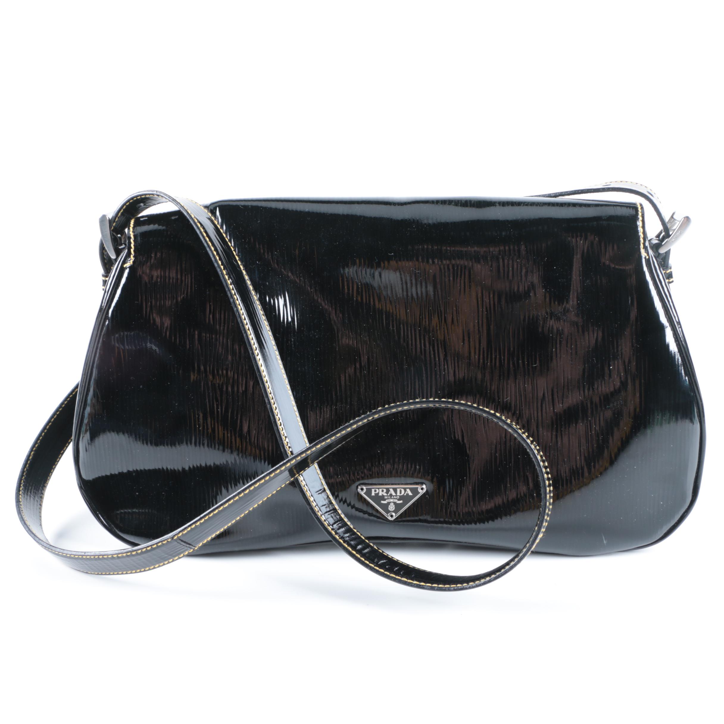 Prada Black Patent Vitello Move Leather Handbag