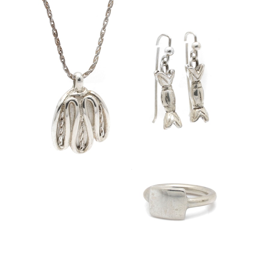 Selection of Bill Schiffer Sterling Silver Ring, Pendant Necklace and Earrings