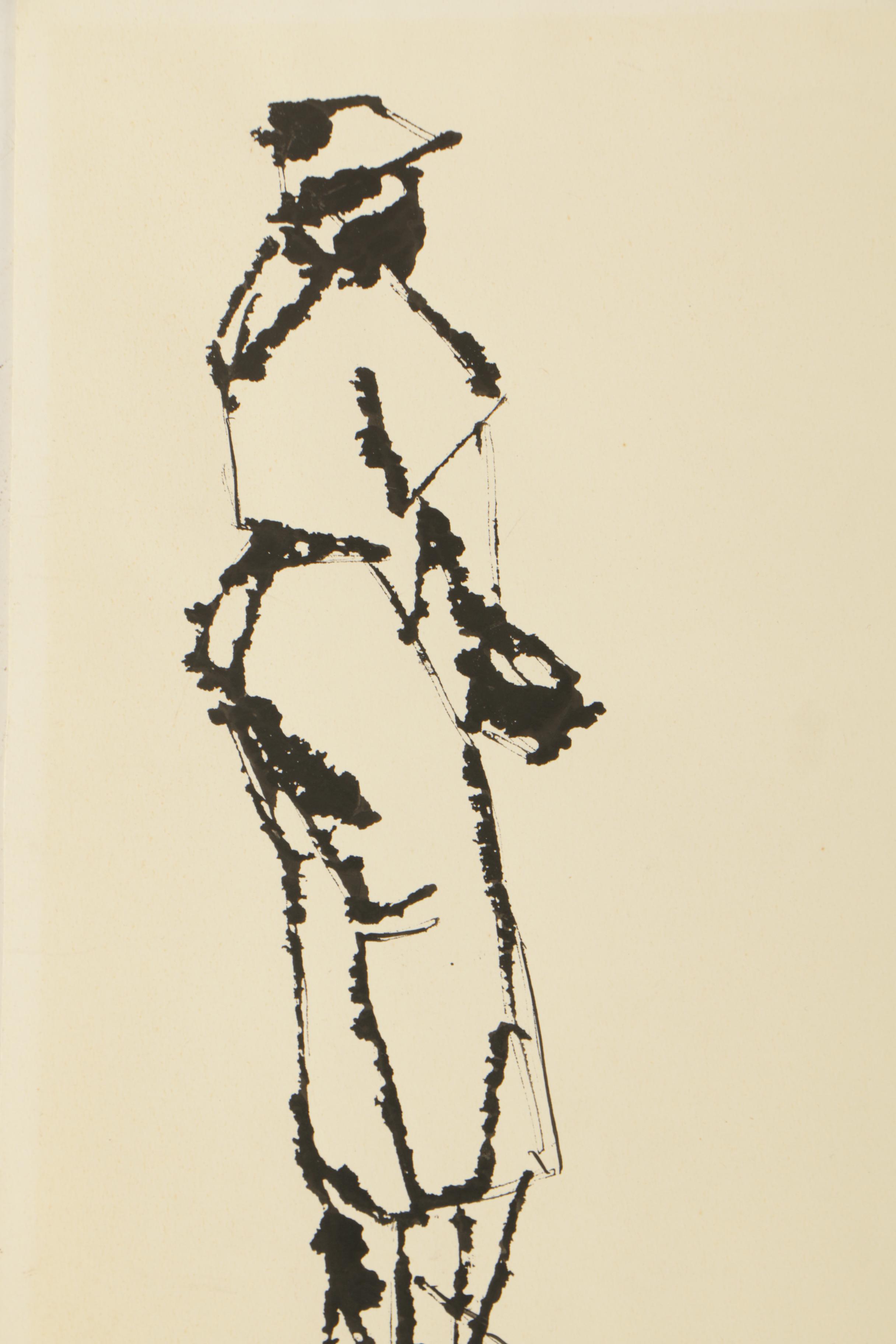 1958 Pen and Ink Drawing of Baseball Players