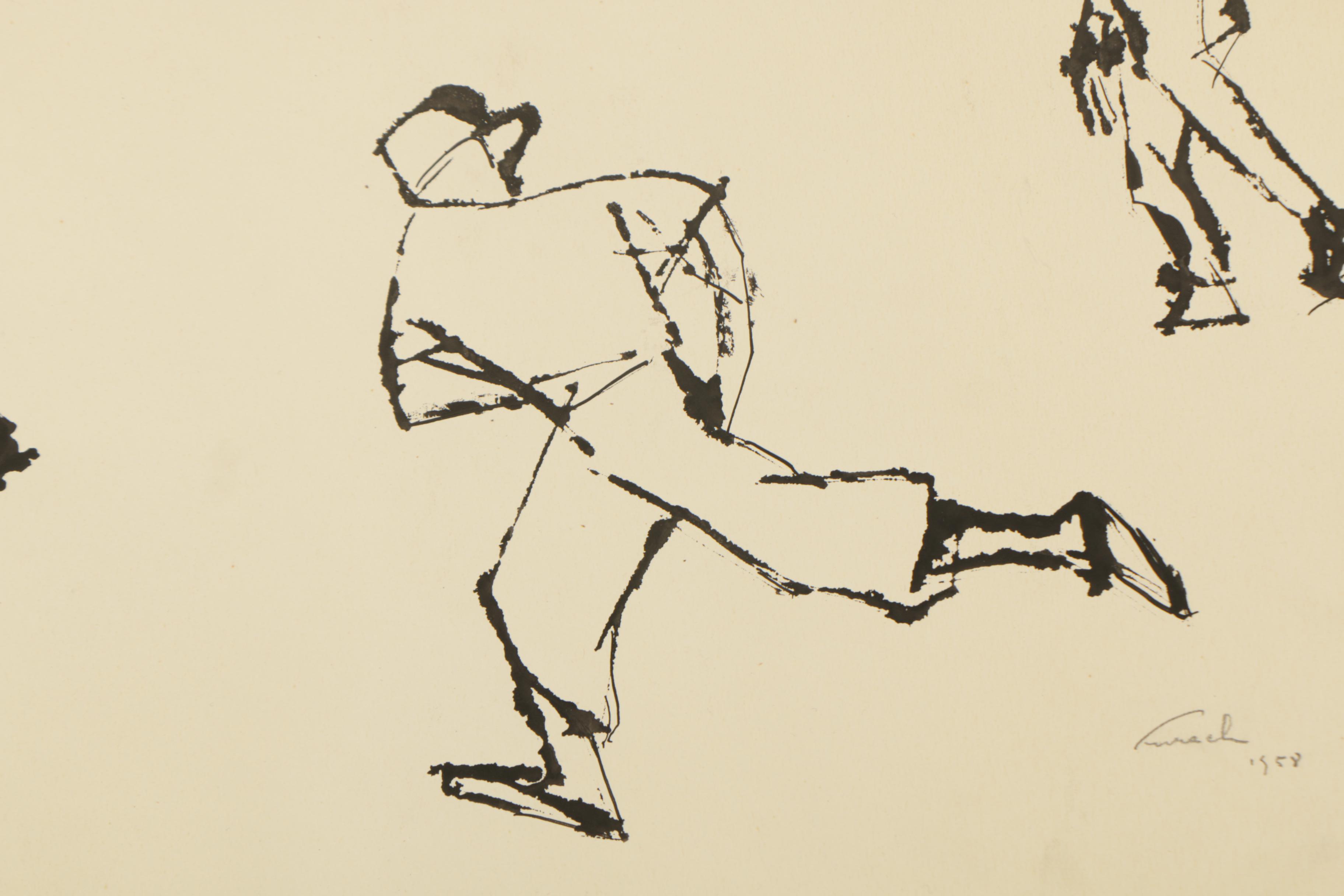 1958 Pen and Ink Drawing of Baseball Players
