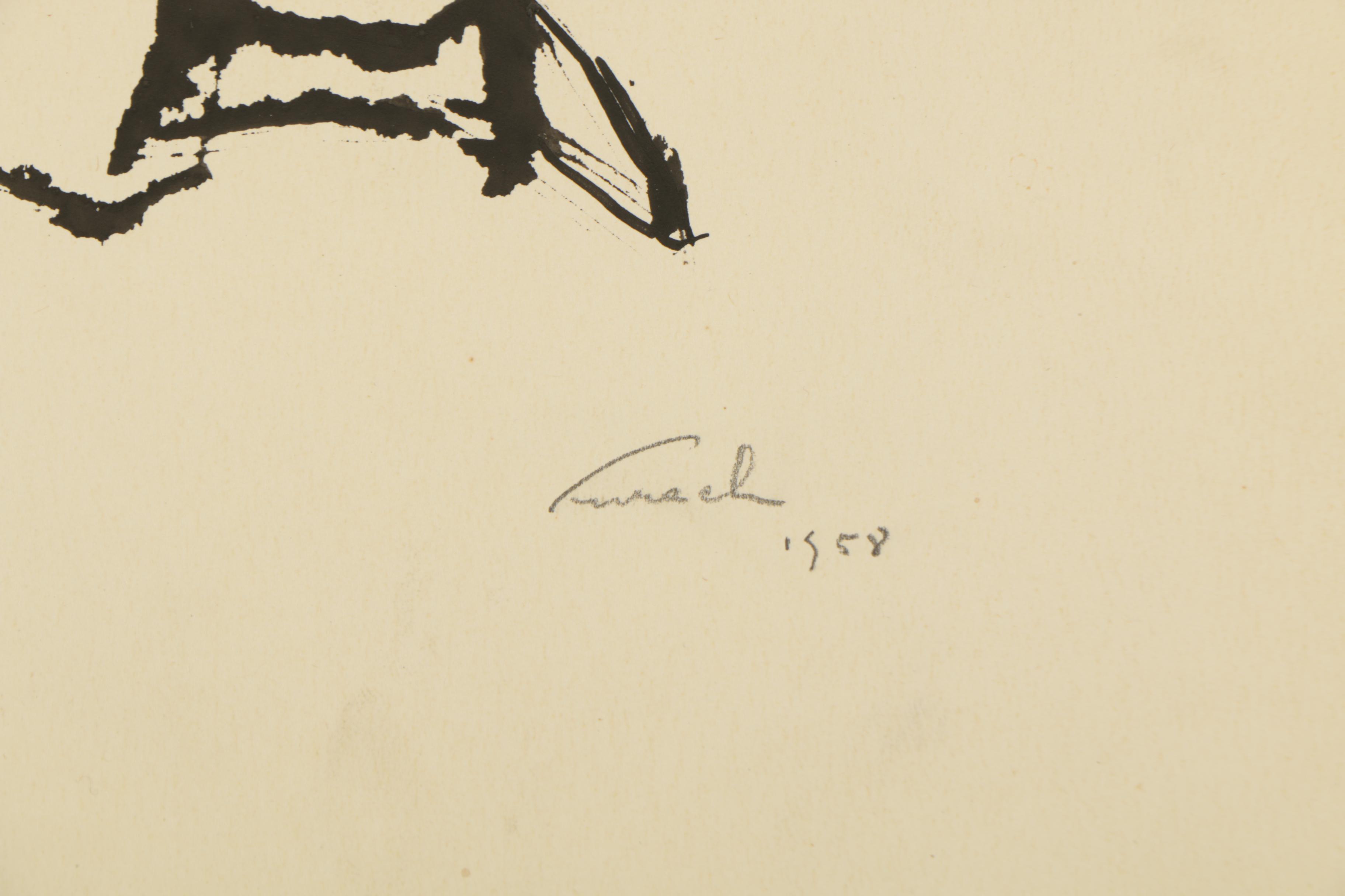 1958 Pen and Ink Drawing of Baseball Players