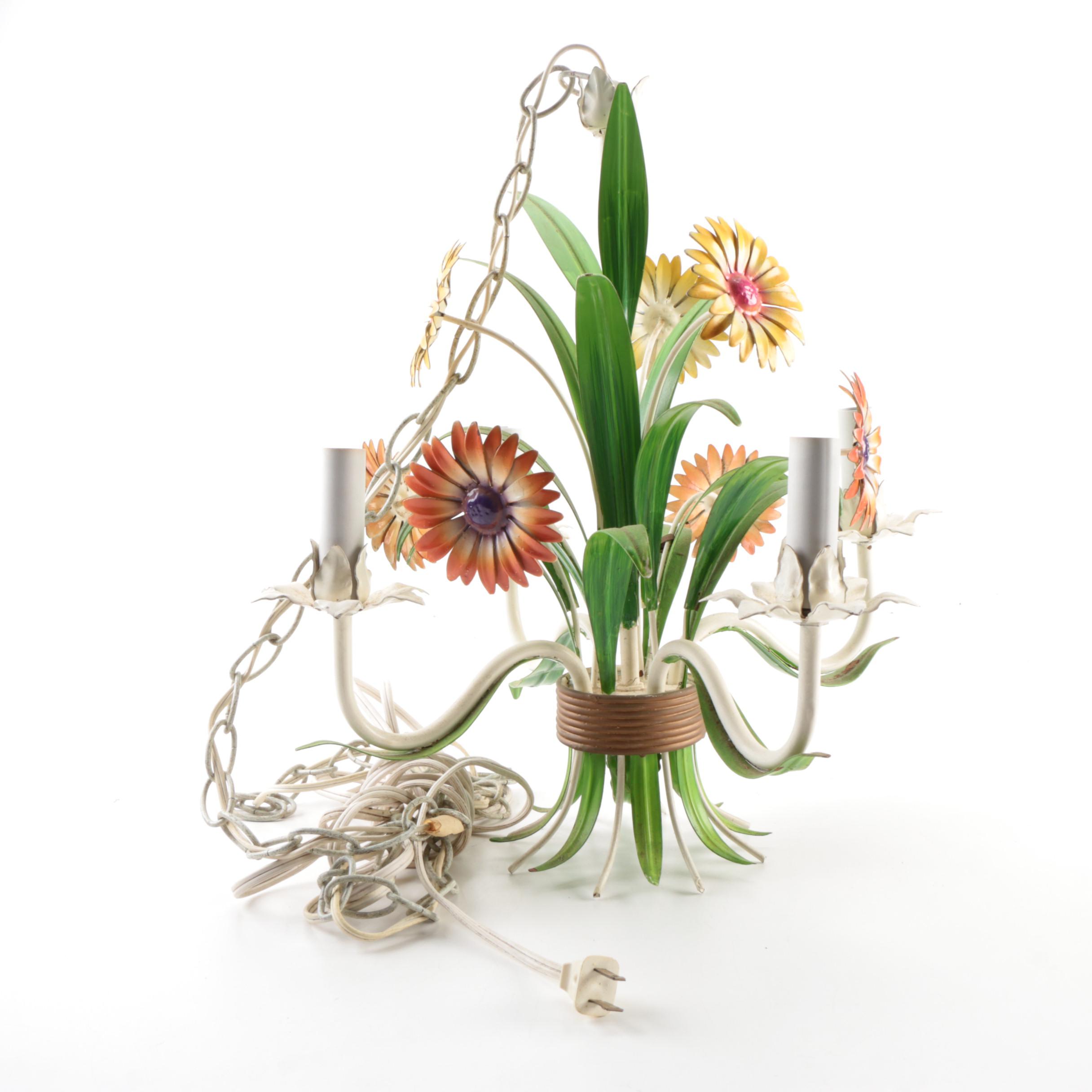 Tole Floral Painted Metal Chandelier